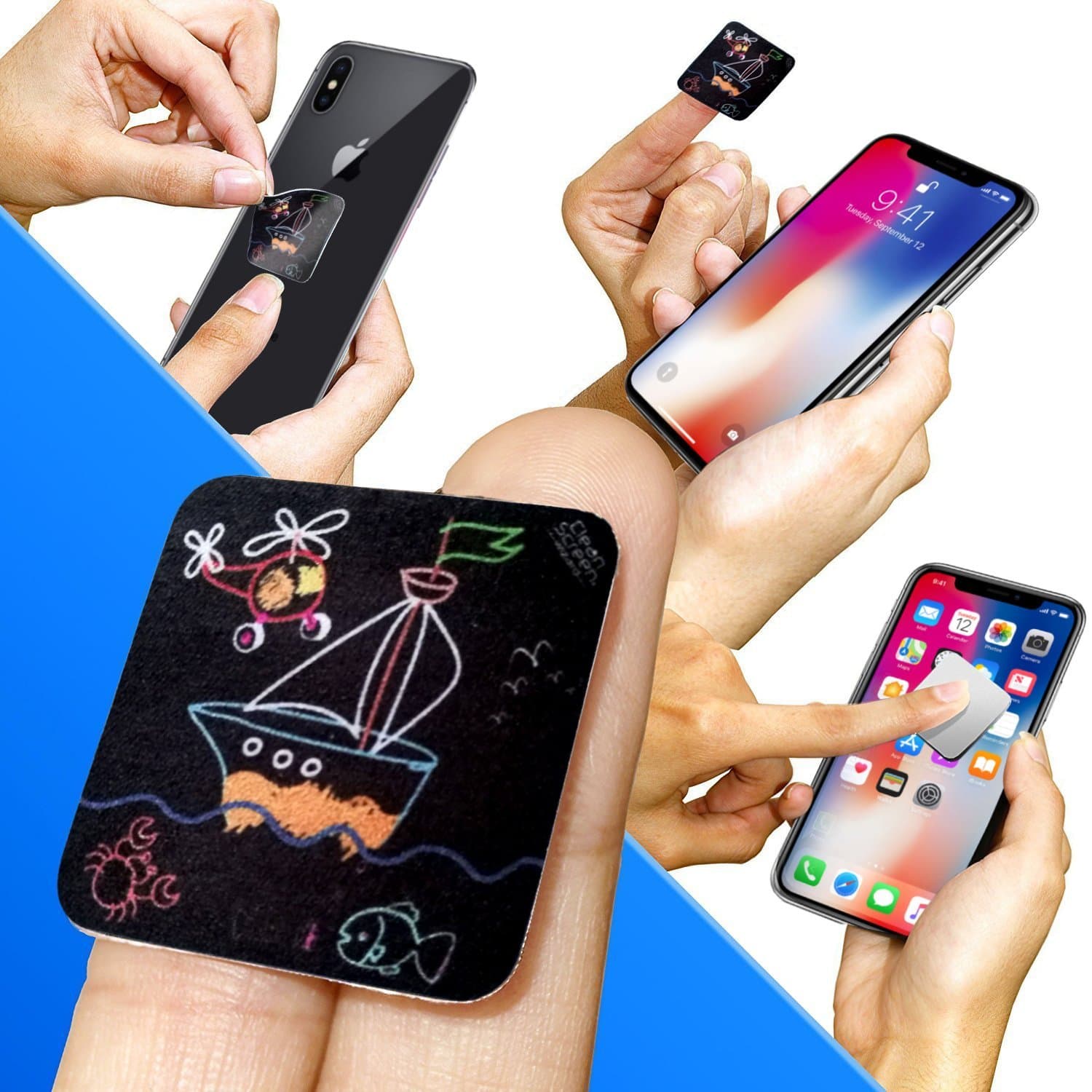 CLEAN SCREEN WIZARD Microfiber Screen Cleaner Sticker, Handy Screen Cleaning for Cell Phone, iPhone, Samsung, Small Electronic Devices, Touch, Tech Gadgets, Stocking Stuffers, Gift Ideas