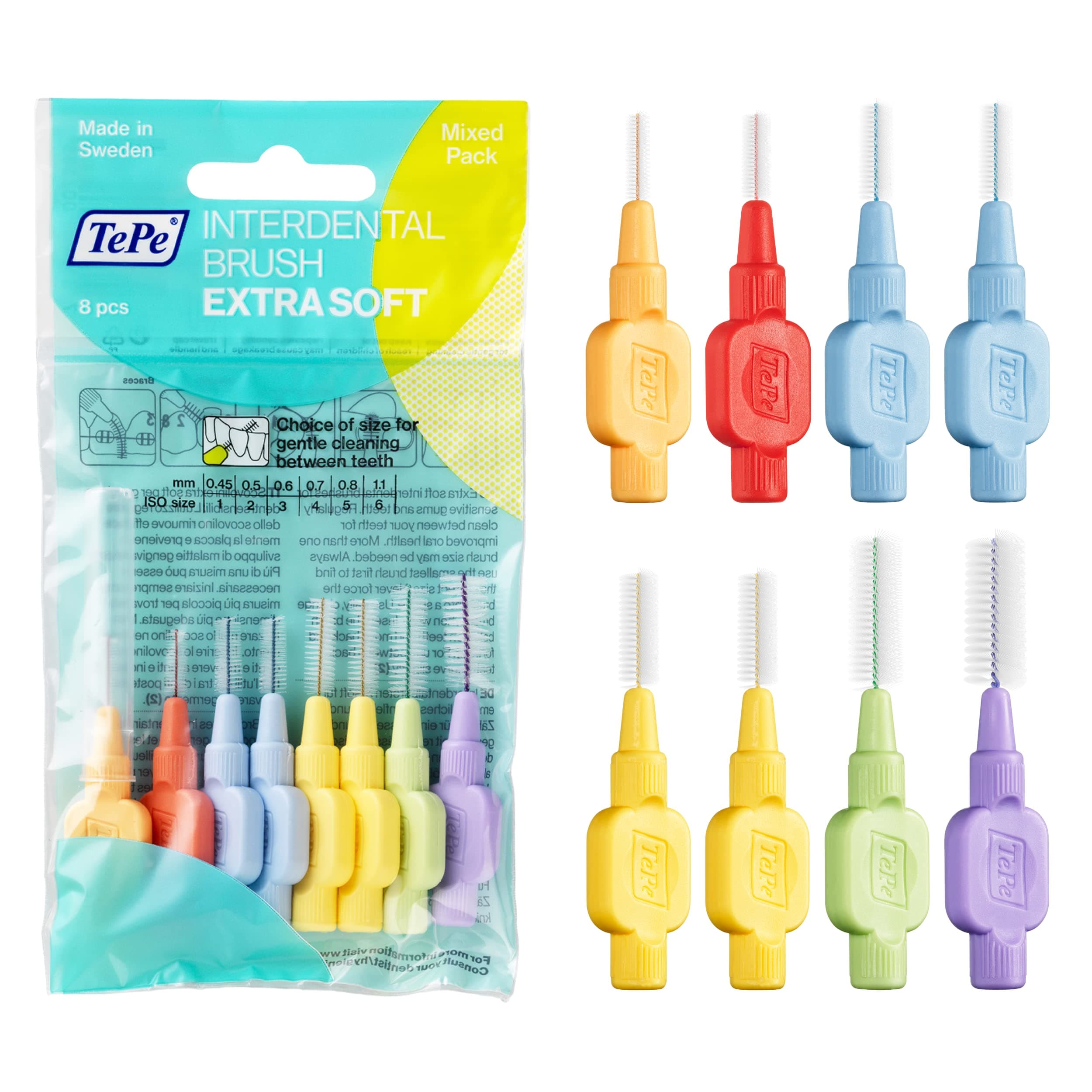 TEPE Interdental Brushes Extra Soft - Mixed Pack With Sizes 0.45-1.1Mm, Simple And Effective Cleaning Of Interdental Spaces, 1 X 8 Brushes 8
