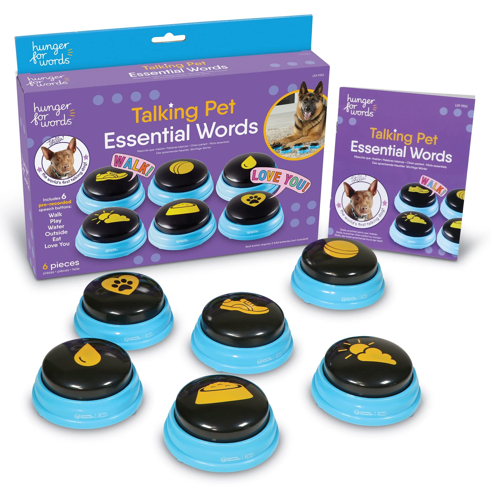 Talking Pet Essential Words - 6 Piece Set Pre-Recorded Speech Buttons for Dogs, Dog Buttons for Communication