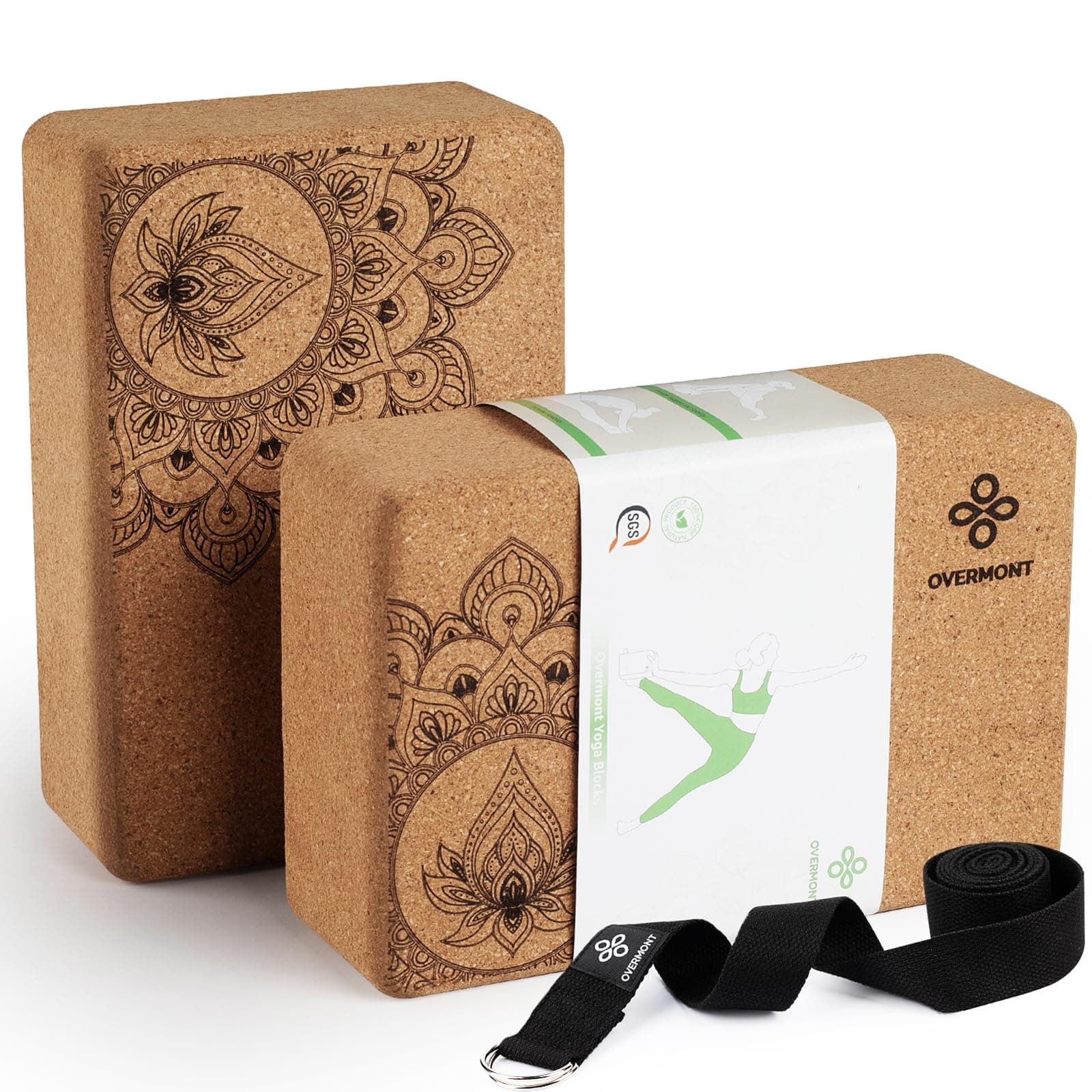 Overmont Cork Yoga Blocks 2 pack with 8ft Strap Set Natural Cork Yoga Bricks- High Density & Eco Friendly Yoga Accessories for Women - Ideal for Pilates General Fitness and Stretching 9x6x3''