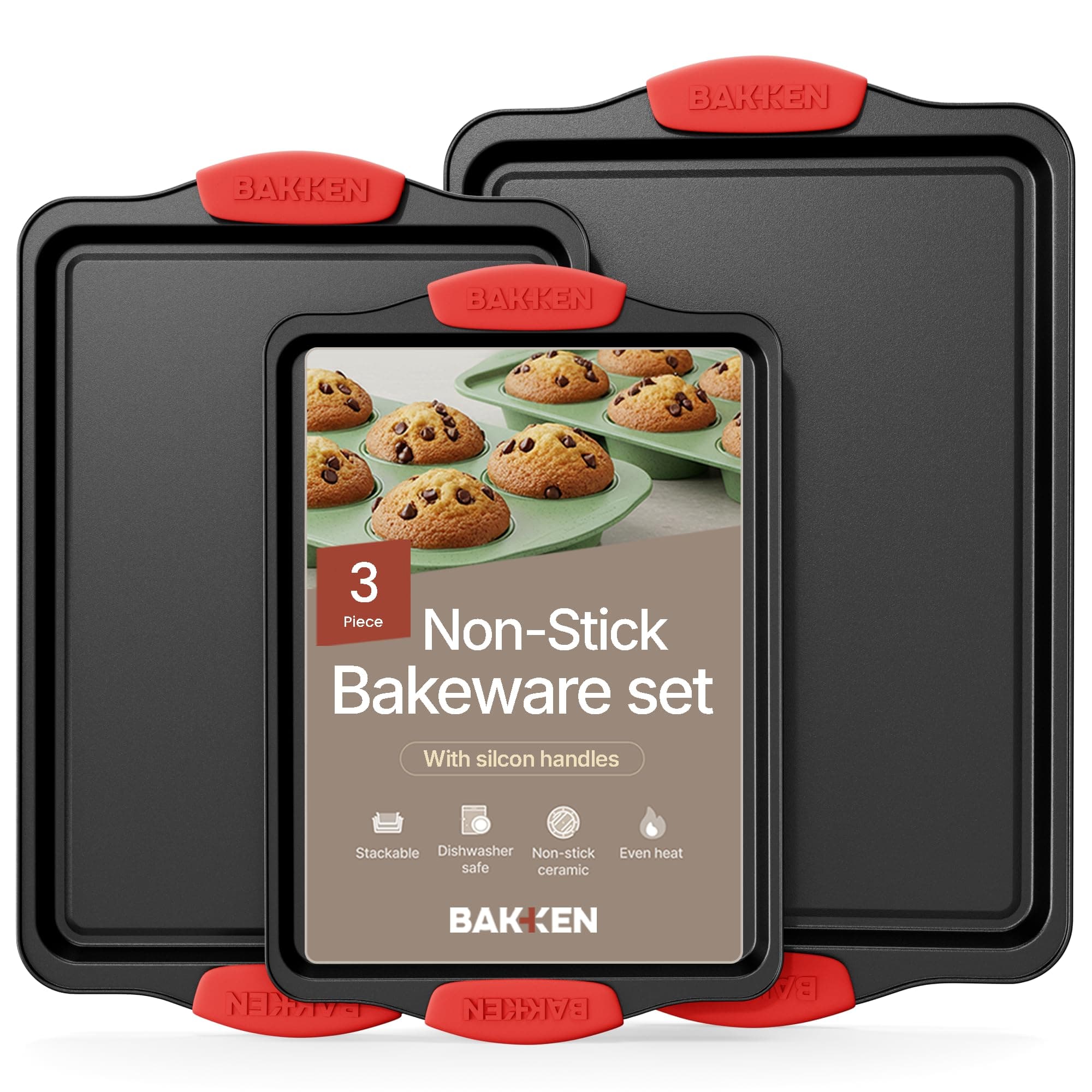 Bakken- Swiss Baking Pan Set – 3 Piece Cookie Sheet – Deluxe Black Non-Stick Carbon Steel – Silicone Handles – Commercial Grade Restaurant Quality – PFOA PFOS and PTFE Free by