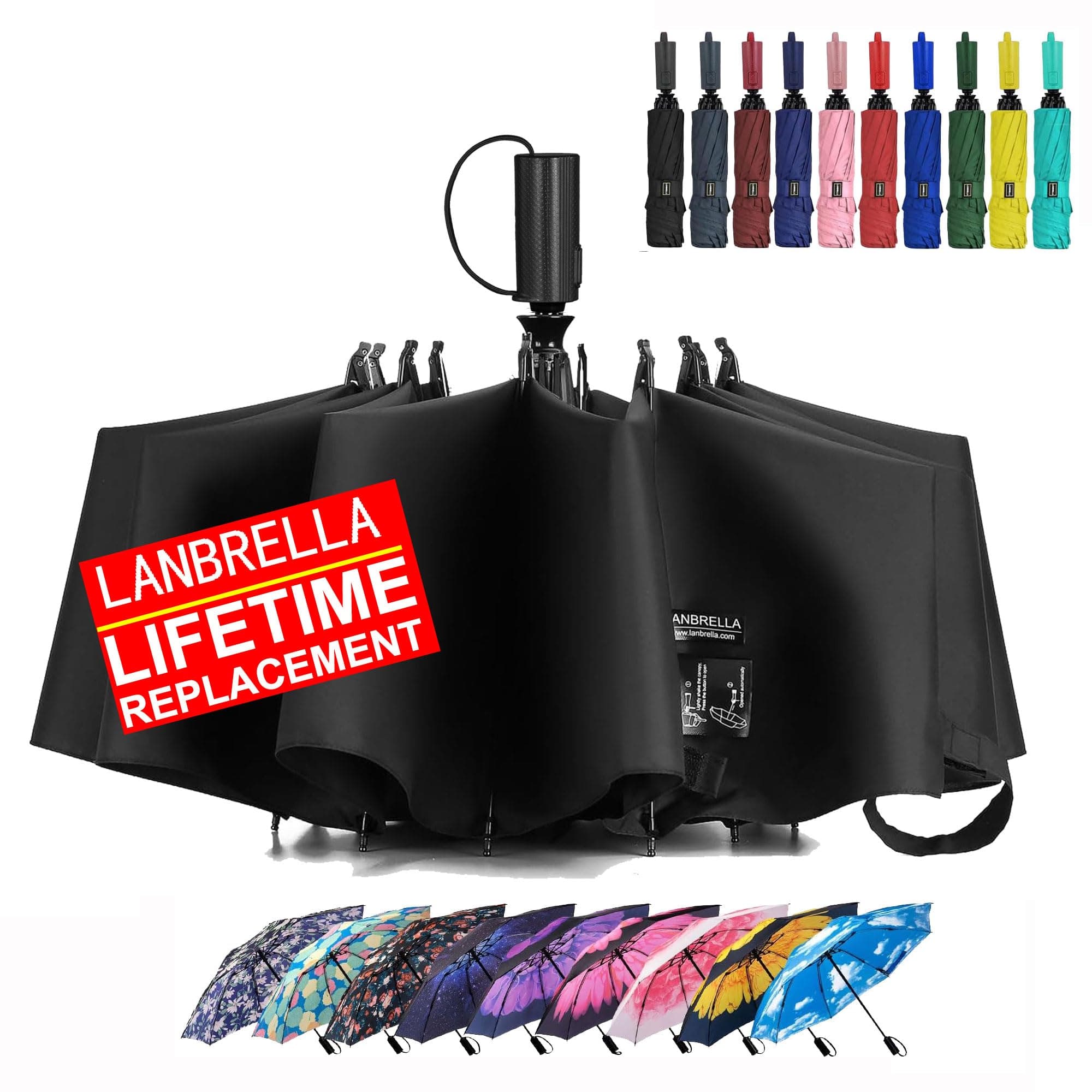 LANBRELLA Compact Reverse Folding Umbrella Auto Windproof Travel Umbrella