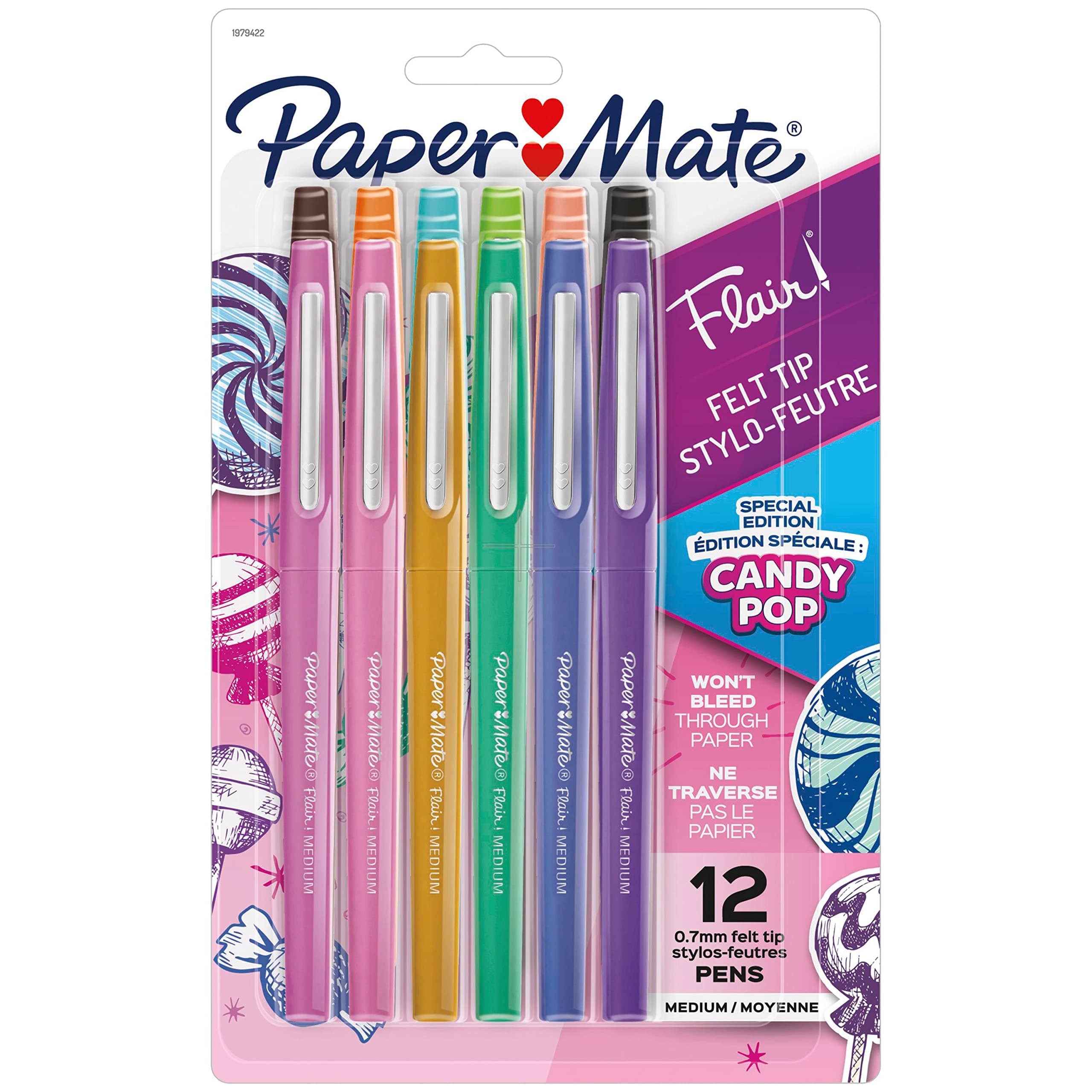 Paper Mate Flair Felt Tip Pens, Medium Point (0.7mm), Limited Edition Candy Pop Pack, 12 Count