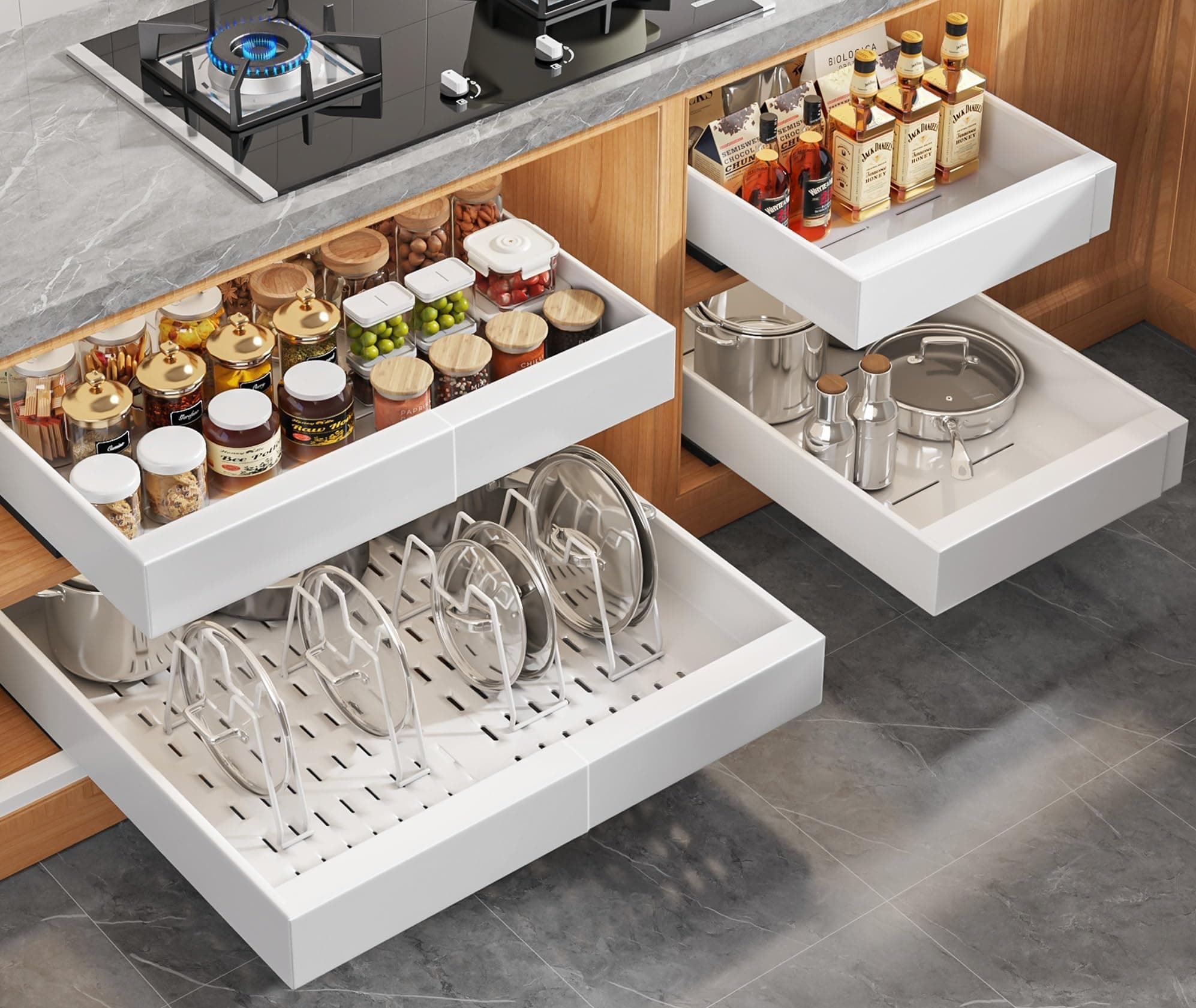 Seinloes4Pack Expandable Pull Out Cabinet Organizer 21"Deep with Raising Pad for Framed Cabinets,Slide Out Drawers with 4pcs Divider Racks,Roll Out Shelves Adhesive,Adjustable Width 12.05"-20.4"White