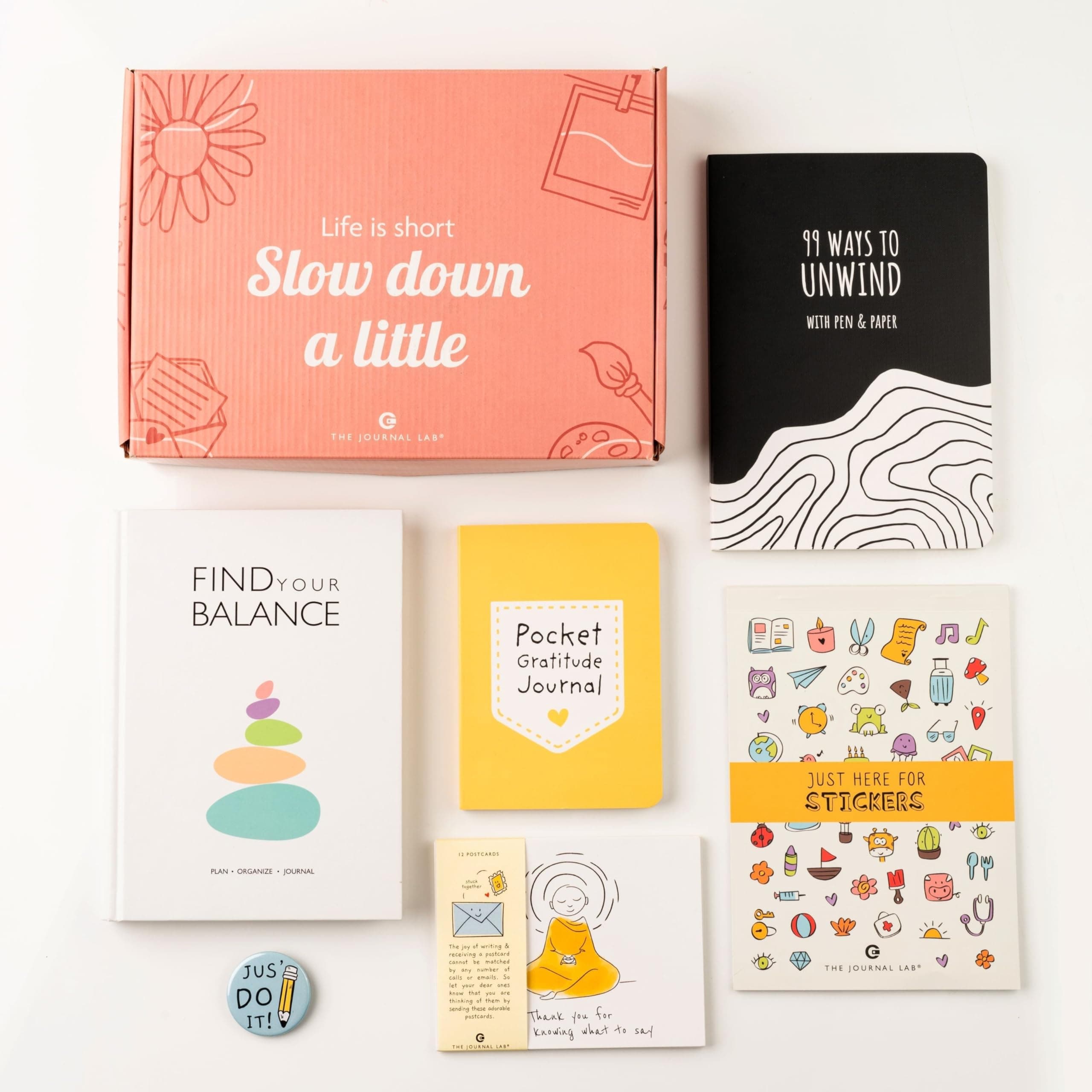 Slow Down a Little Combo Journal Kit - Find Your Balance 4 Month Planner (Stone White); 99 Ways to Unwind Destress ; Sticker Book; Pocket book ; Set of 12 postcards; Fridge Magnet