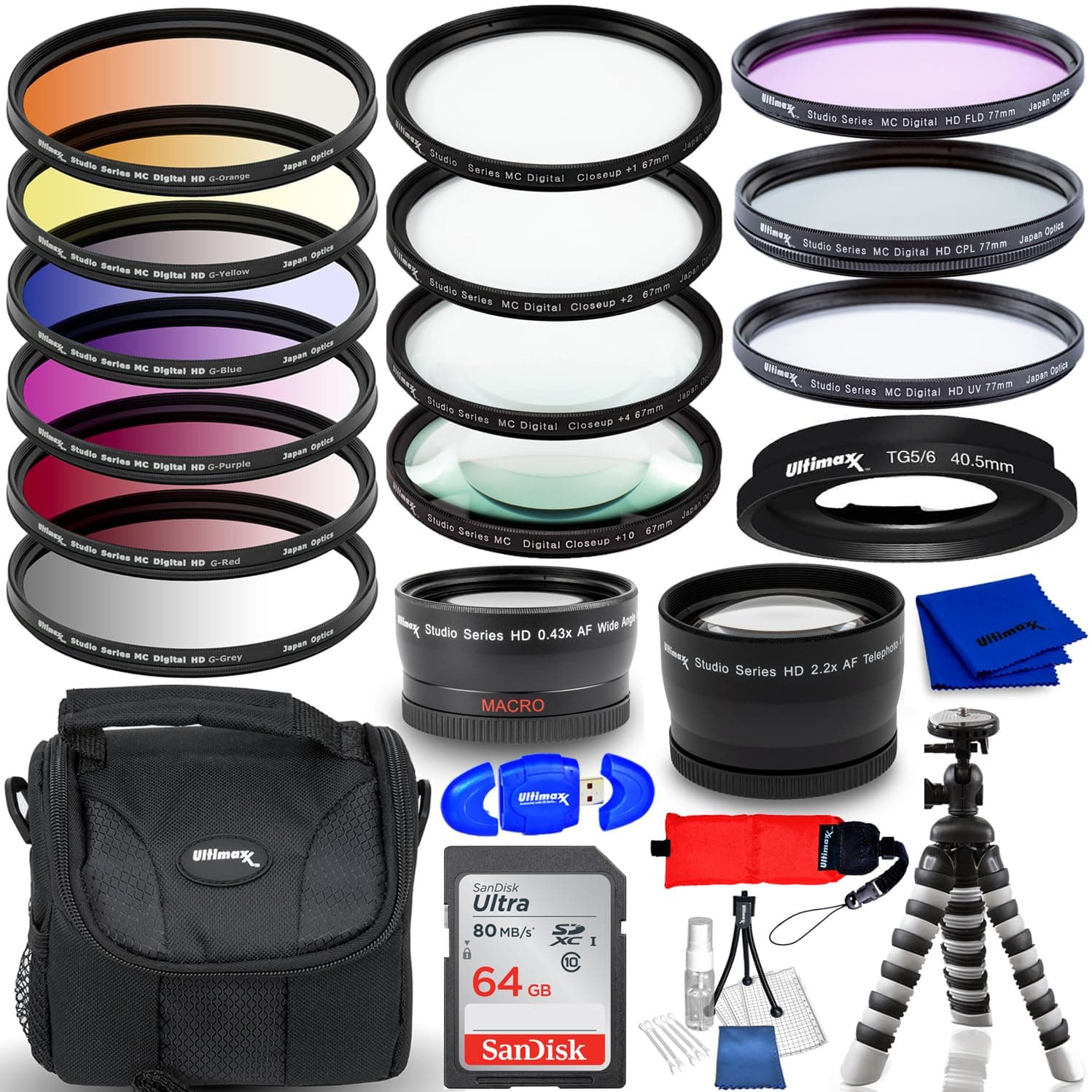Accessory Bundle for Olympus Tough TG-5/TG-6 Digital Camera Includes: 64GB Ultra SD, 6PC Gradual Color Filter Kit, Macro/Close Up Lenses, Telephoto and Wide Angle Lenses, Tripod, Gadget Bag and More