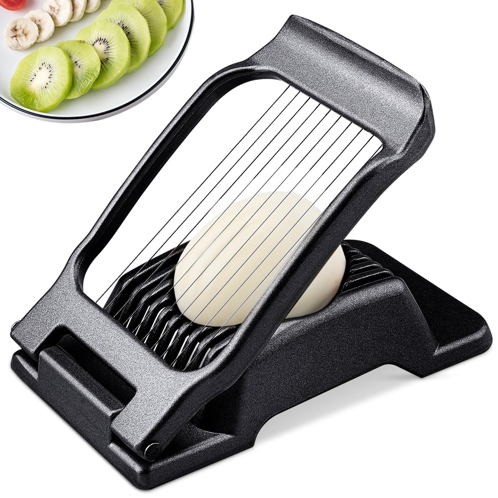 Egg Slicer, Egg Cutter for Hard Boiled Eggs, Heavy Duty Aluminium Slicer for Egg Mushroom Strawberry Soft Fruit, Stainless Steel Wires, Dishwasher Safe & Easy to Clean (Black)