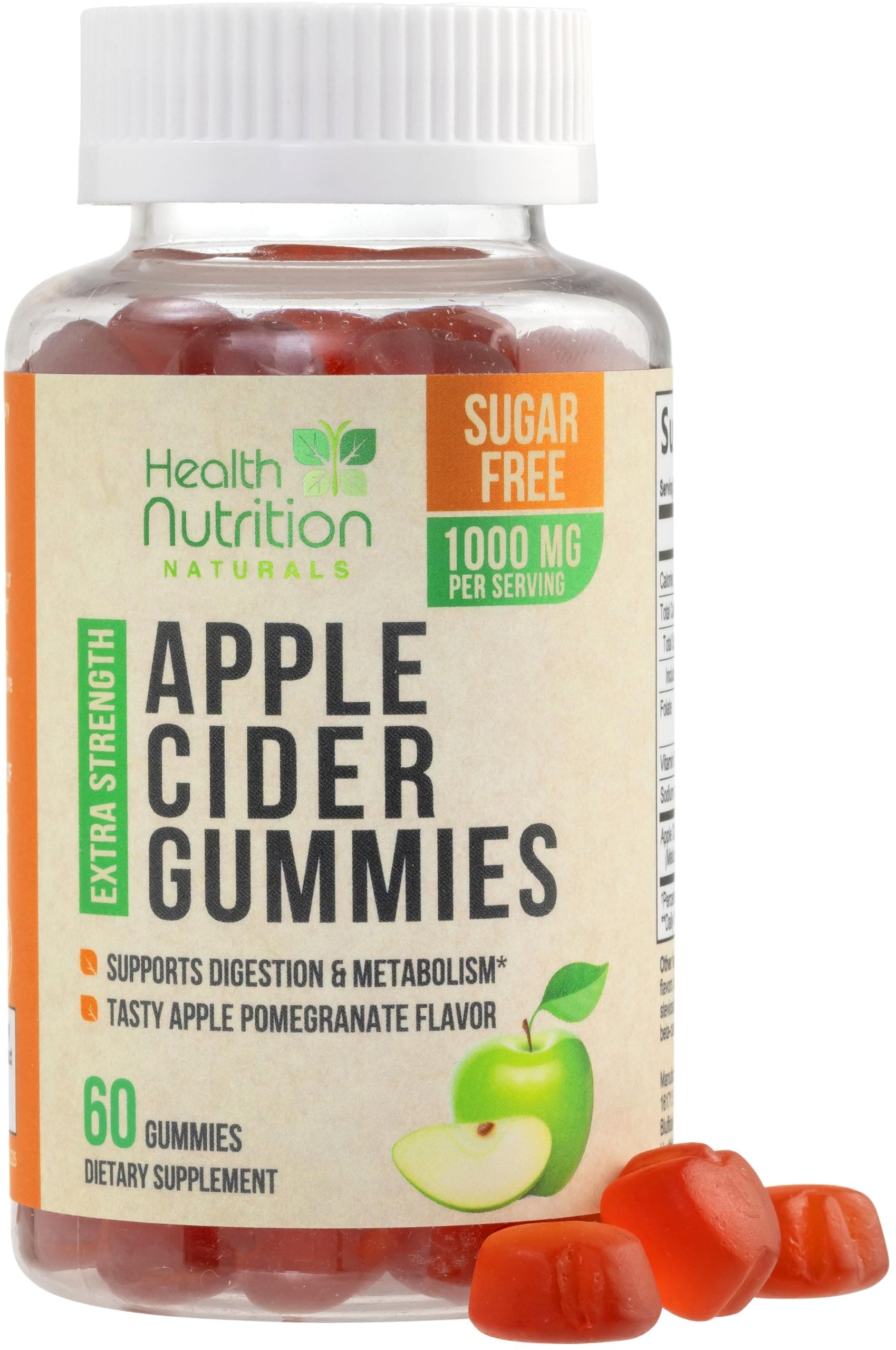 Apple Cider Vinegar Gummies - Sugar Free - Apple Cider Vinegar Powder 1000mg Per Serving - Max Strength ACV Gummy Vitamins - B12 & The Mother - Metabolism & Energy Support - Keto & Vegan - 60 Gummies