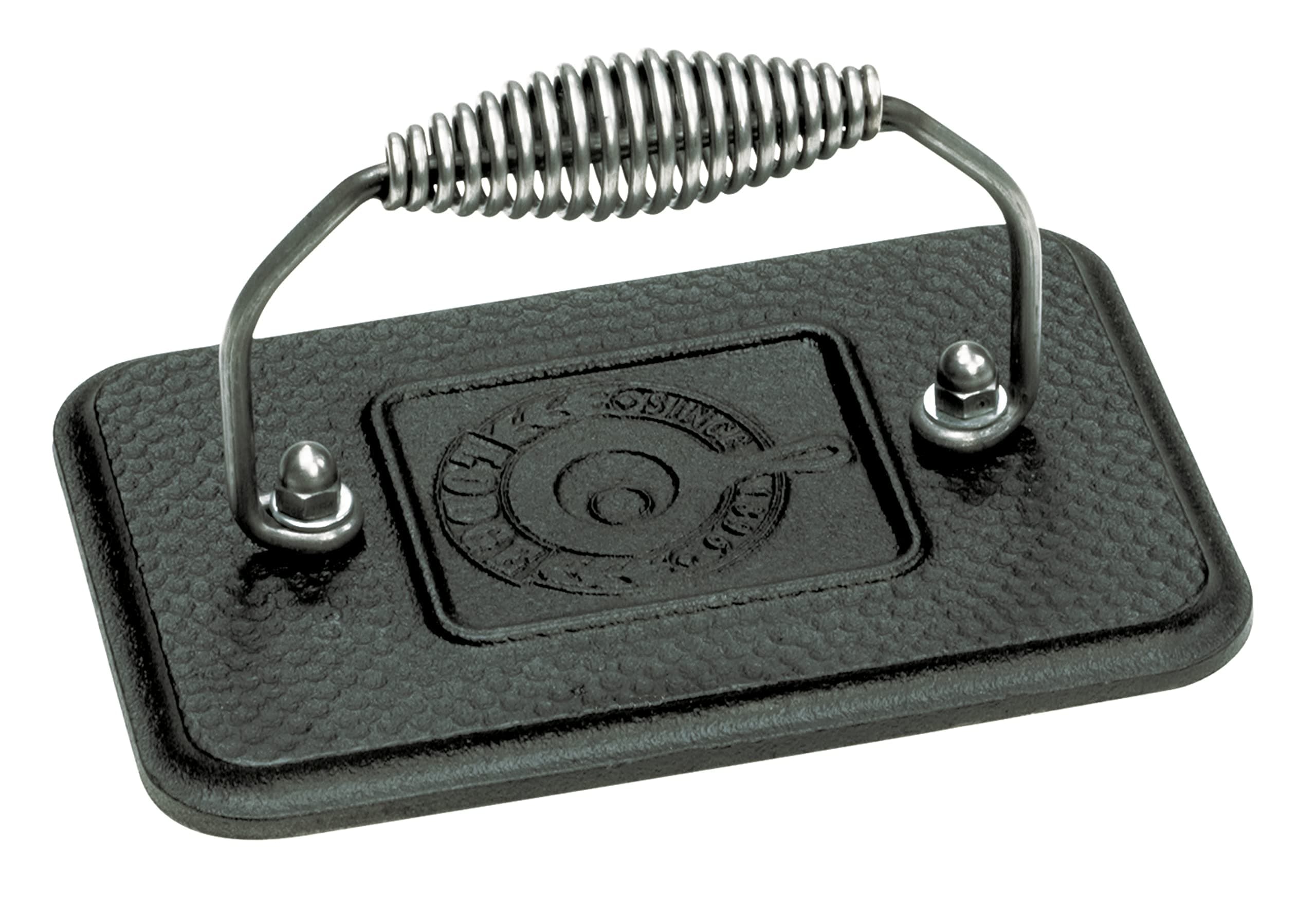 Rectangular Cast Iron Grill Press. 6.75 x 4.5" Cast Iron Grill Press with Cool-Grip Spiral Handle.