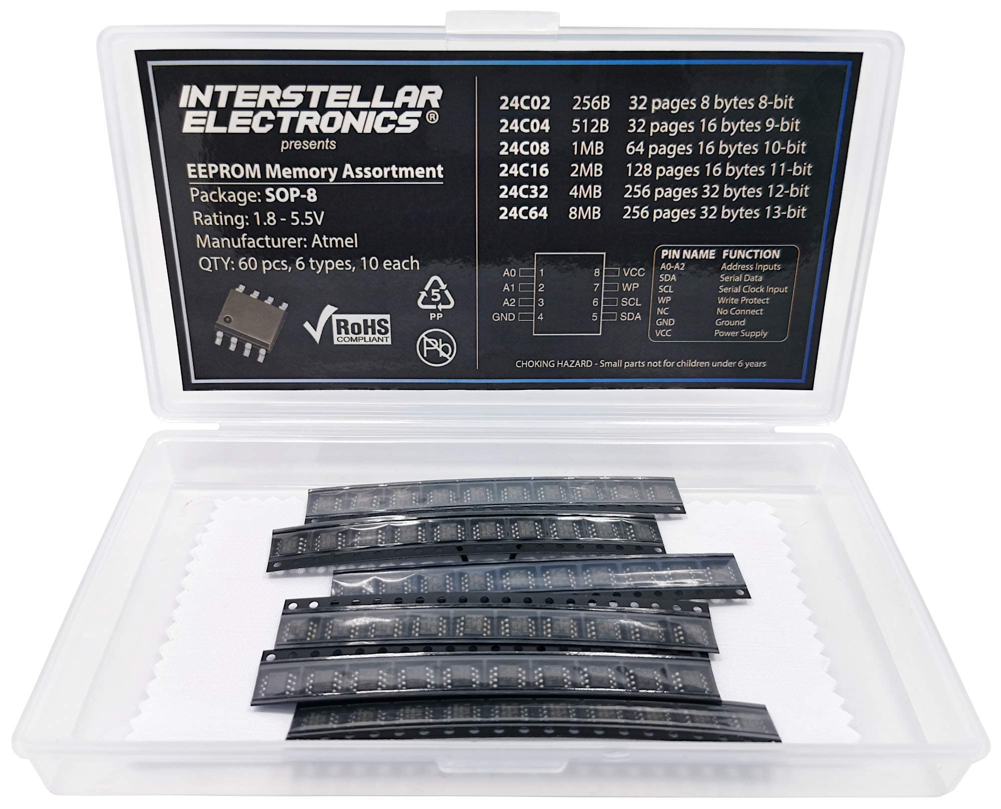 EEPROM Memory chip IC Assortment SMD SOP8, 256B, 512B, 1MB, 2MB, 4MB, 8MB, 24C02, 24C04, 24C08, 24C16, 24C32, 24C64, 60 pcs