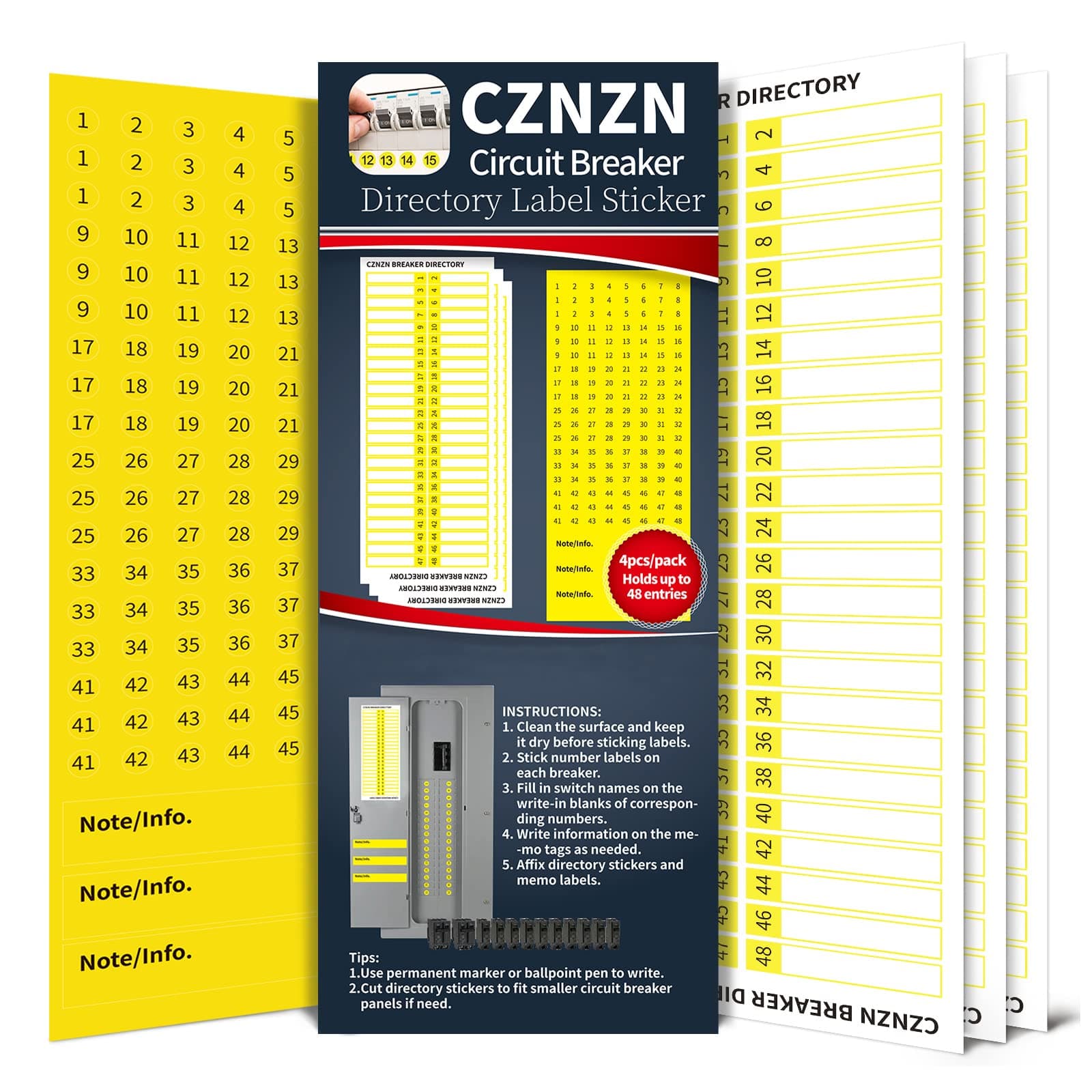 Electrical-Panel Labels Circuit Breaker-Box Stickers - 48*3 Blank Number Directory, Easy Read Adhesive Reusable Sign for Load Center, Switch/Fuse Organizer, Cable/Wire Markers, House/Office/Commercial