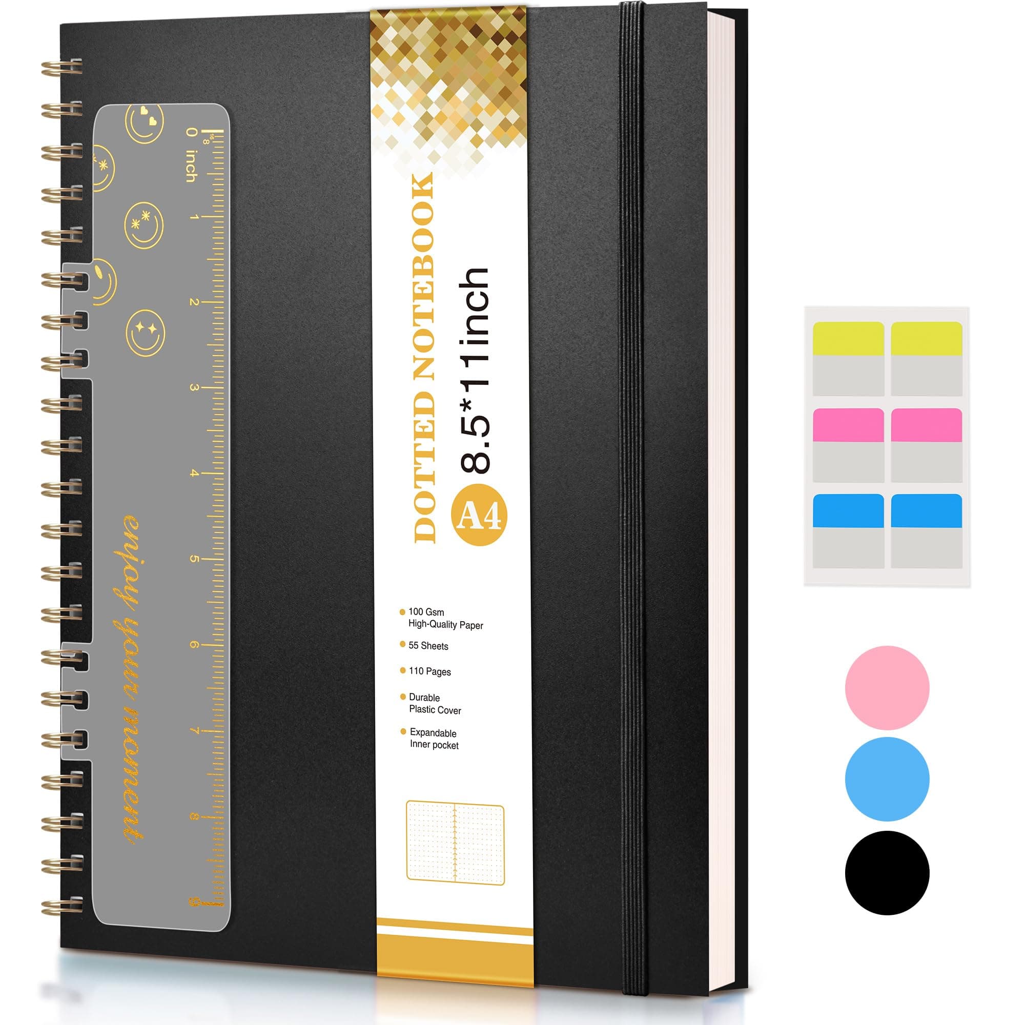 Dotted Notebook, Spiral Notebook Journal 8.5” x 11”, A4 Large Dot Grid Notebooks for Women Men, 100 GSM Dotted Paper, Plastic Hardcover Spiral Bullet Journals for Work School Sketching, Black