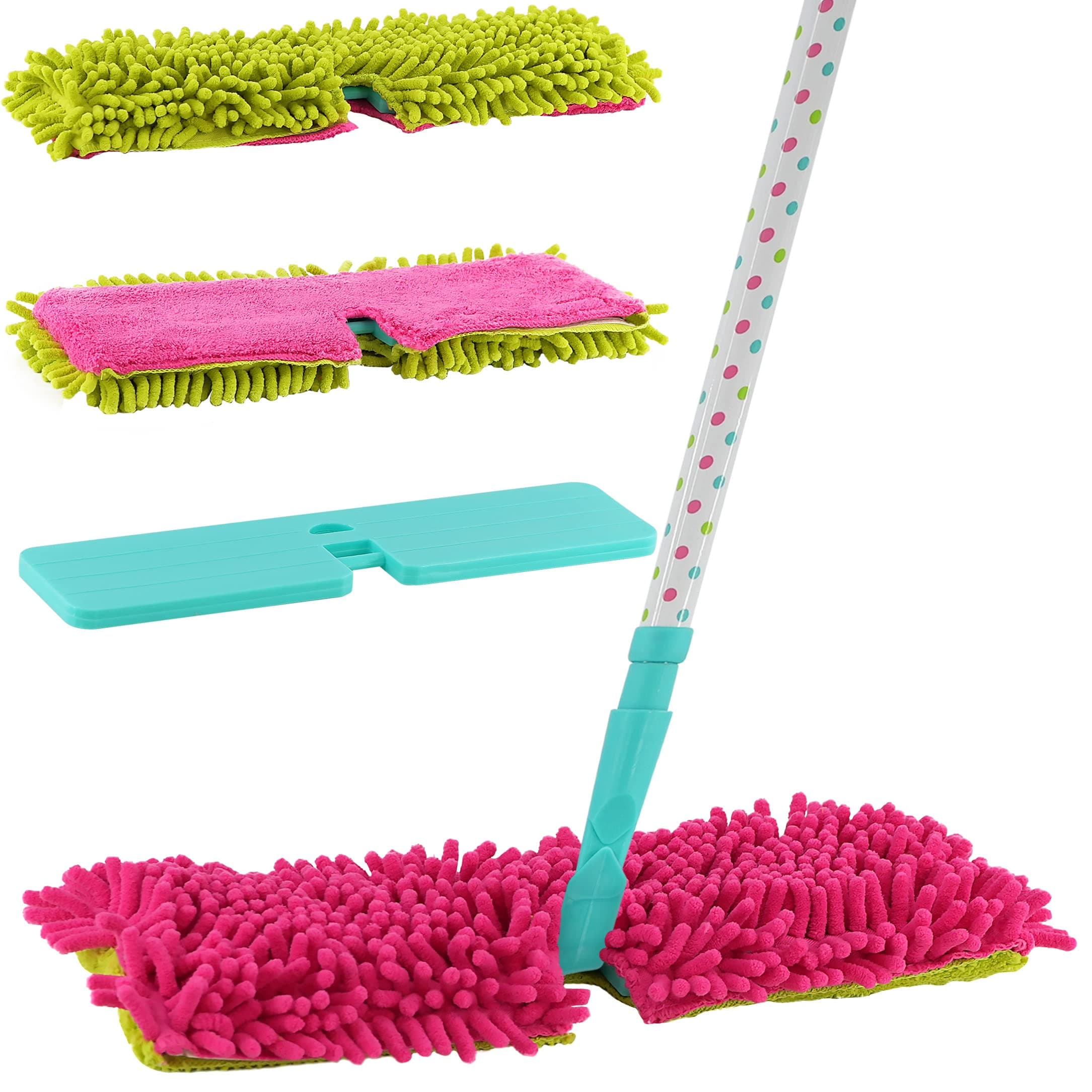 Double Sided Microfibre Flip Mop Cleaner Sweeper Wooden Laminate Tile Floor Wet Dry Cleaning & Head Cloth Pad Microfiber Refill - 1 Chenille and 1 Short Pile (Complete Mop + 1 Refill Pad)