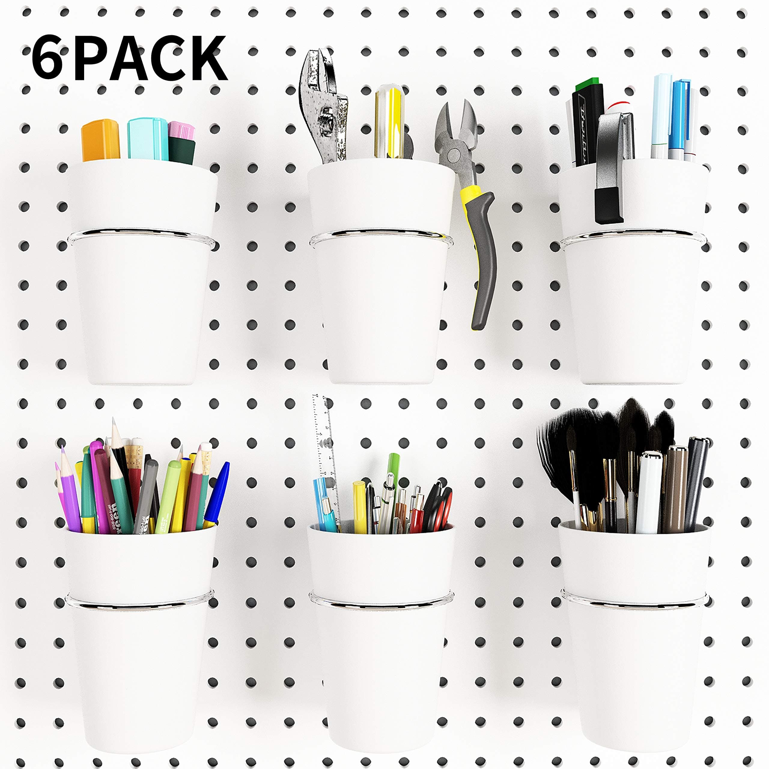 6 Sets Pegboard Hooks with Pegboard Cups, Ring Style Pegboard Bins with Rings, Pegboard Cup Holder Accessories for Organizing Storage (White)