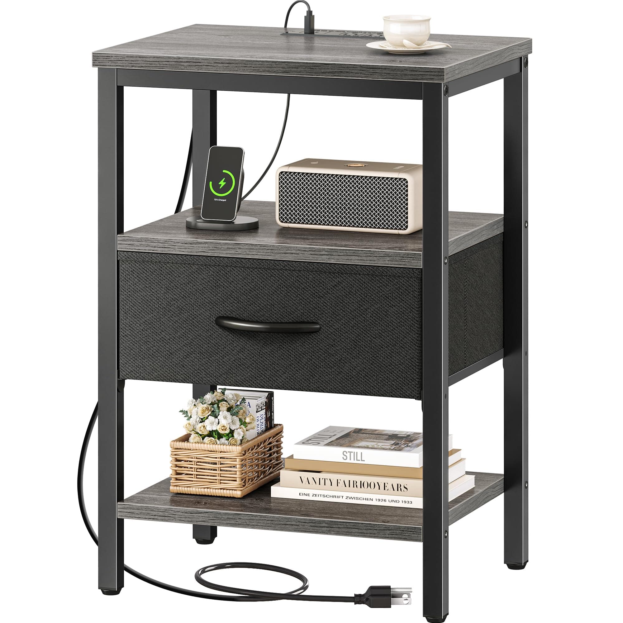 SUPERJARE Nightstand with Charging Station, Bed Side Table with Adjustable Fabric Drawer, Night Stand for Bedroom, 3-Tier Storage End Table, for Living Room, Charcoal Gray