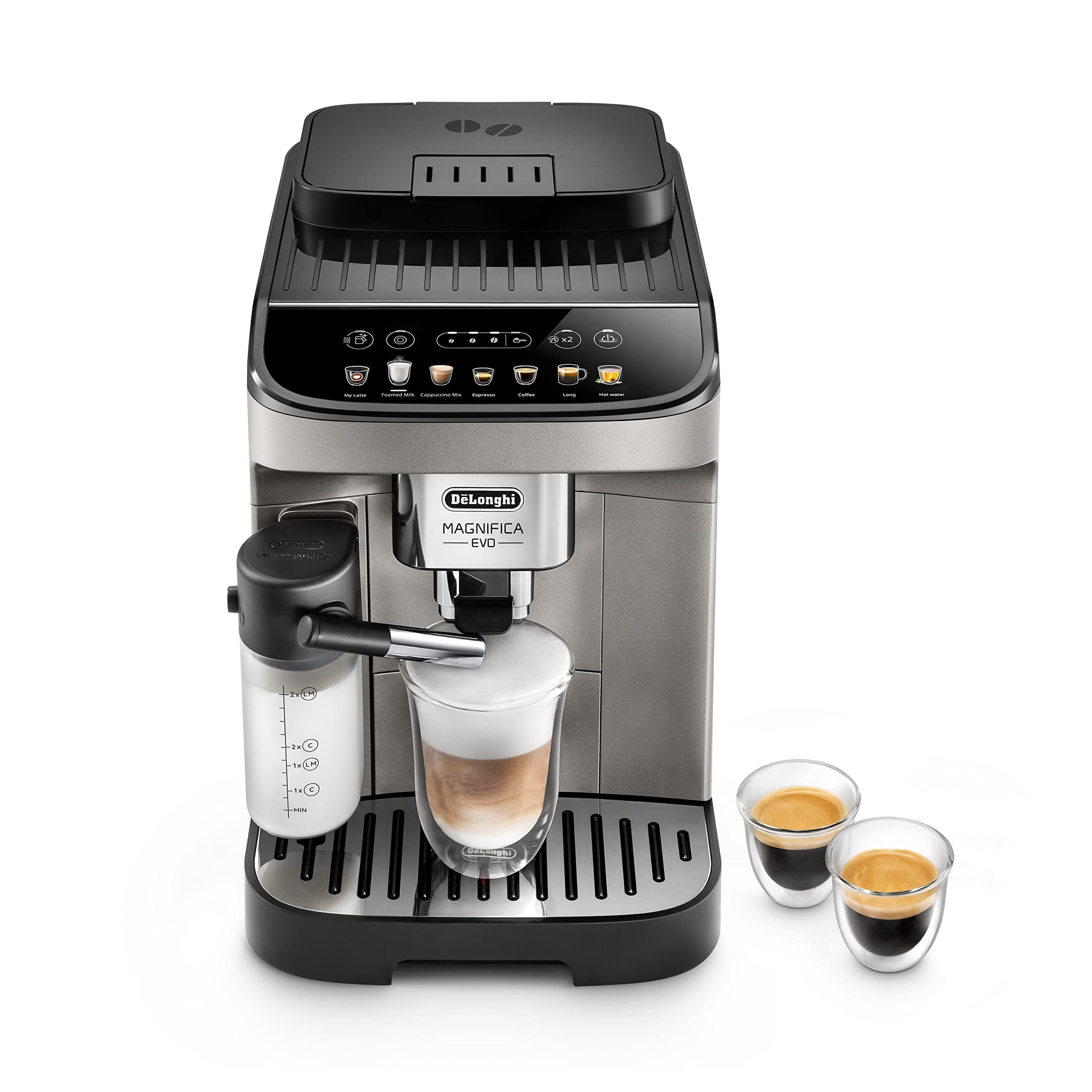 De'Longhi Magnifica Evo ECAM290.83.TB, Fully Automatic Coffee Machine with Milk Frother, Compact Size Bean to Cup Machine, LatteCrema Hot System, 7 Recipes, Soft Touch Colored Display, Black