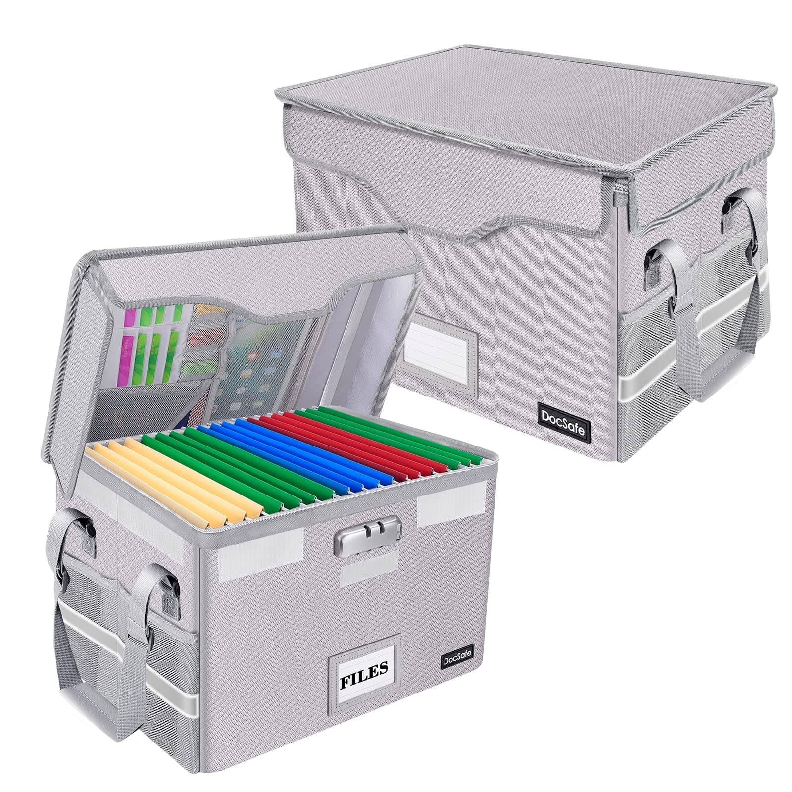DocSafe Fireproof Document Box with Lock,File Storage Organizer with Pockets,Collapsible Portable File Box Home Office Safe Filing Cabinet with Handle for Hanging Letter/Legal Folders,Silver,2 Pack