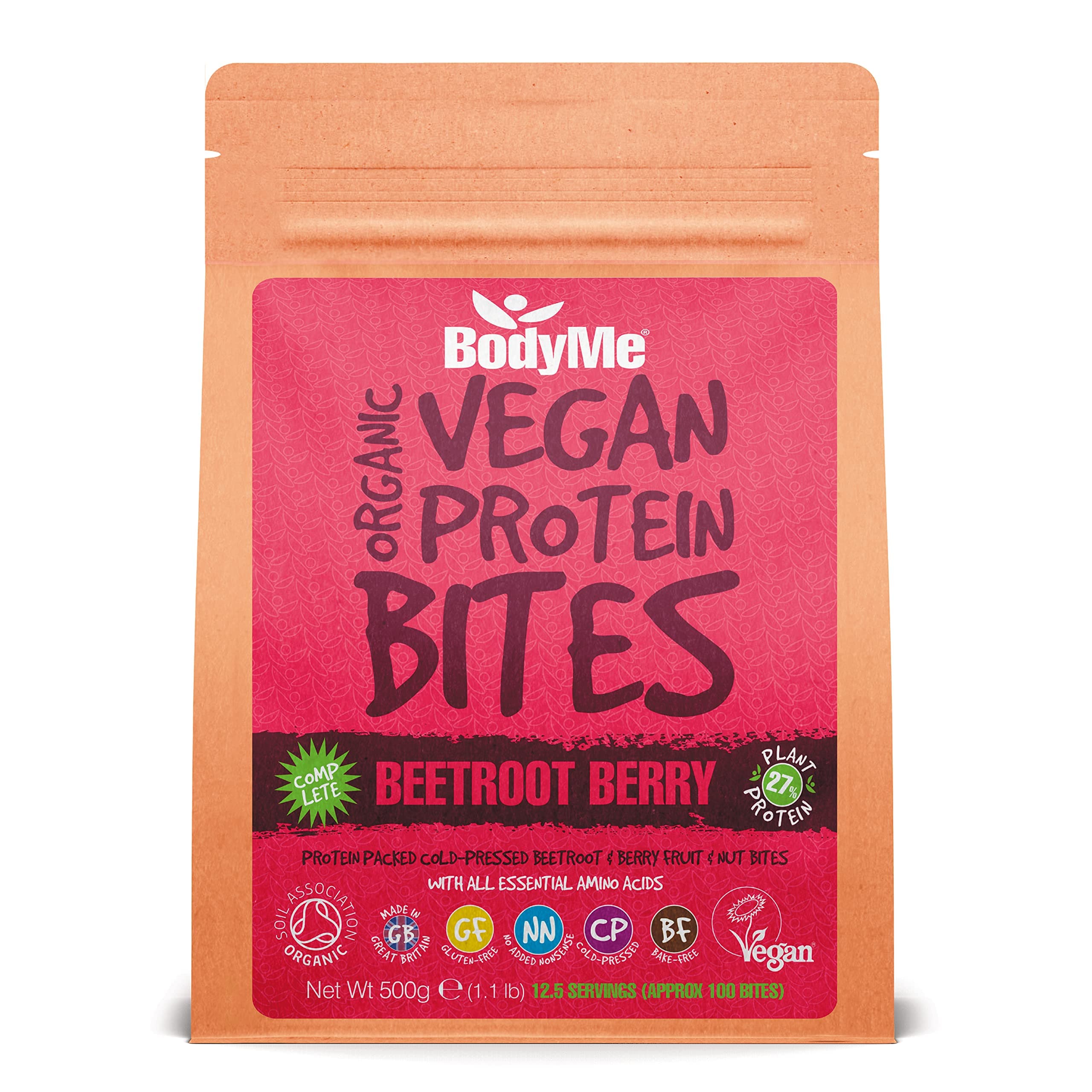 BODYME Organic Vegan Protein Bites – Raw Beetroot Berry - 100% Plant-Based, No Added Sugar – Gluten-Free, Dairy-Free-On-the-Go High Protein Snack- 10g Protein Per Serving (500g - 12.5 Servings)