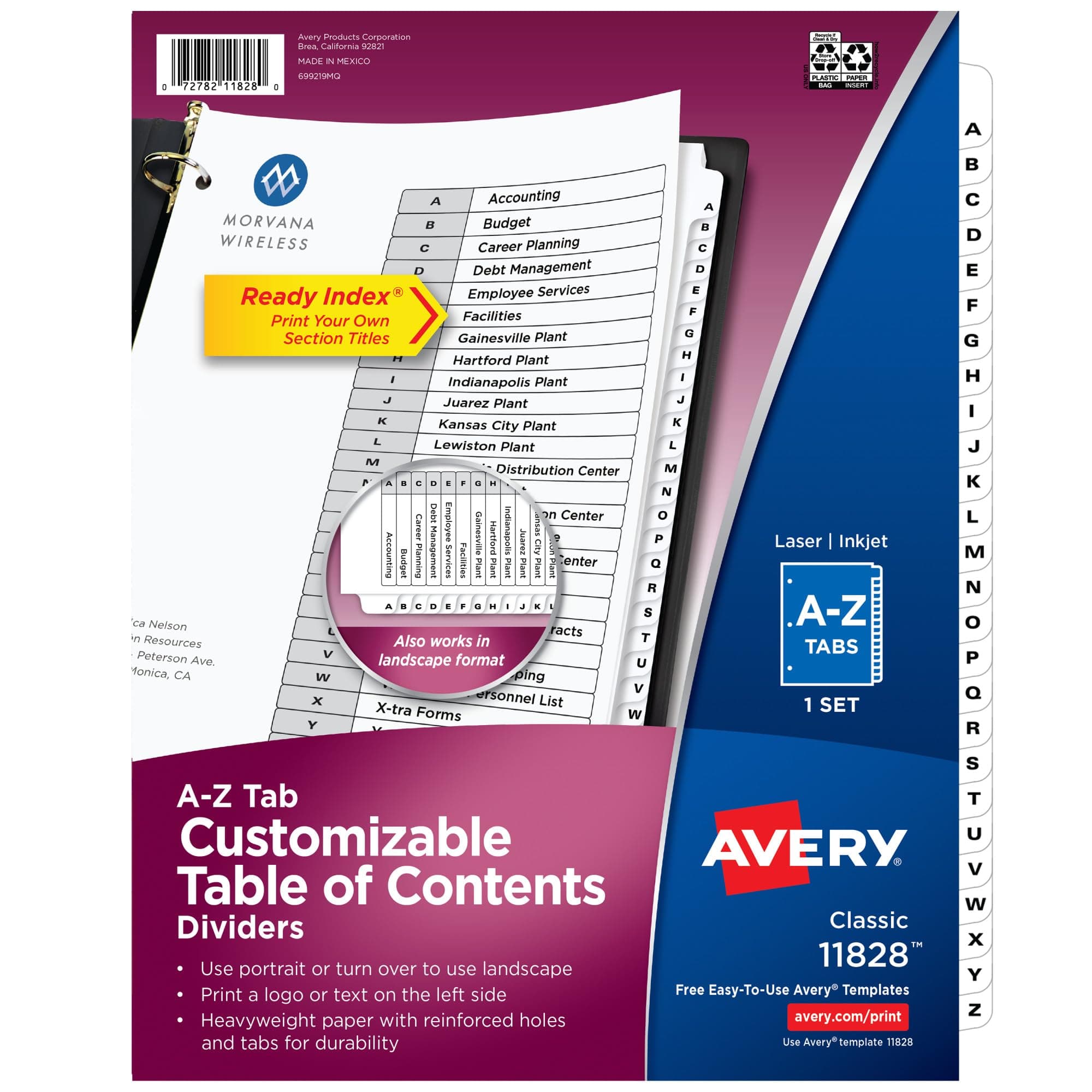 Avery A-Z 26 Tab Dividers for 3 Ring Binders, Customizable Table of Contents, Classic White Tabs, 1 Set (11828)