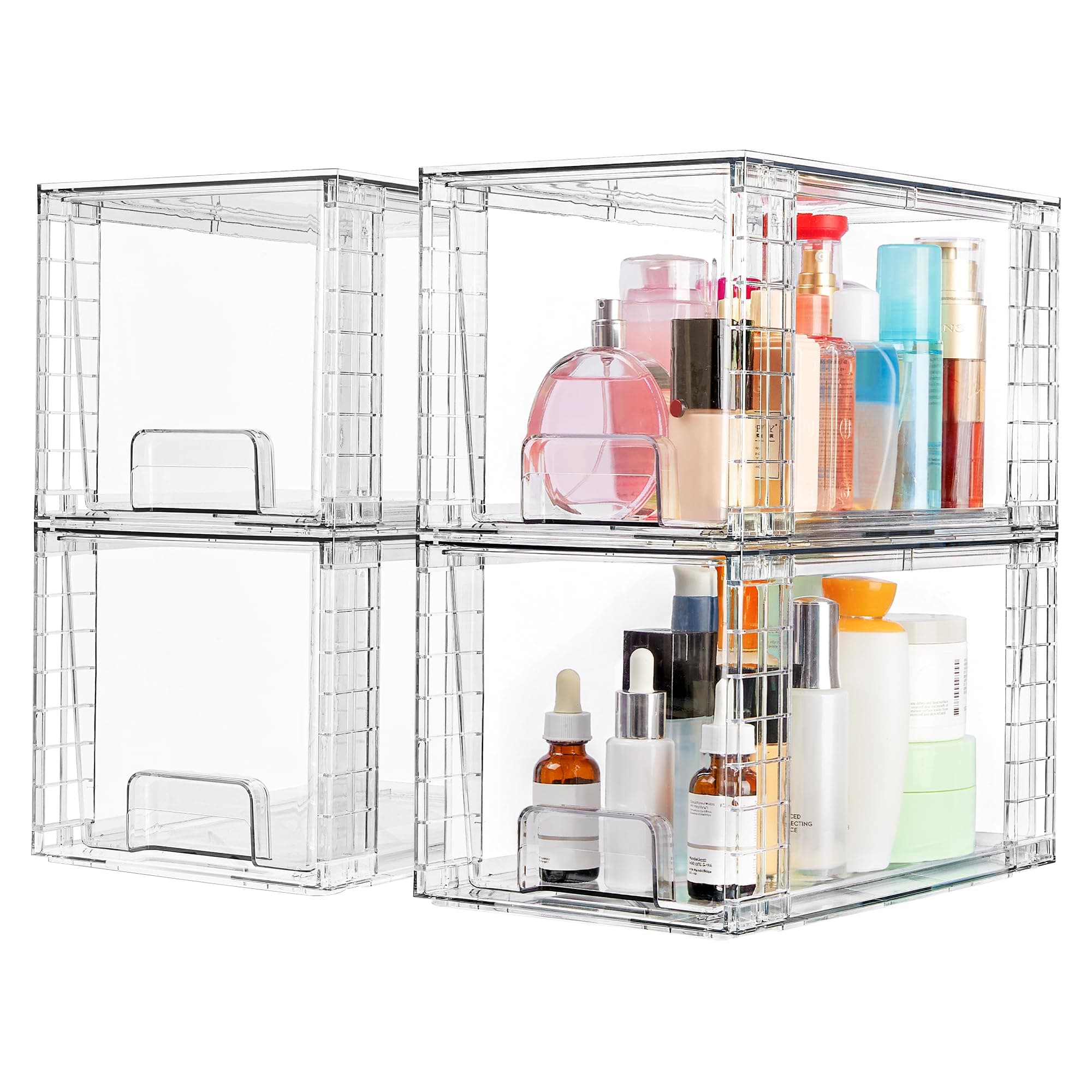 Vtopmart 4 Pack Large Stackable Storage Drawers,Easily Assemble Acrylic Bathroom Closet Undersink Organizers and Storage,Plastic Bins for Kitchen Cabinets,Pantry,Makeup,Medicine Organization