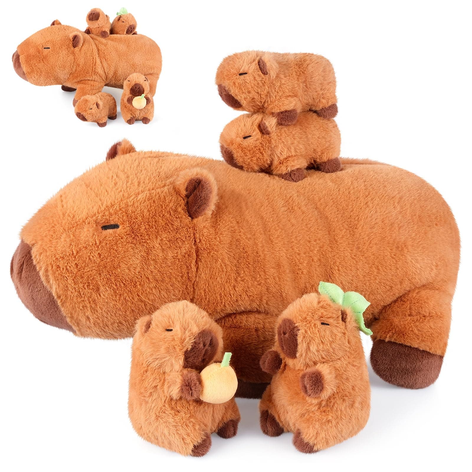 5-in-1 Capybara Stuffed Animals with Babies Inside, 5Pcs Set Capybara Plush with Mommy & 4 Babies, Soft Pillow Plushies Decor, Cute 3 to 8 Year Old Girl Gift, Imaginative Play Toy (Capibara)