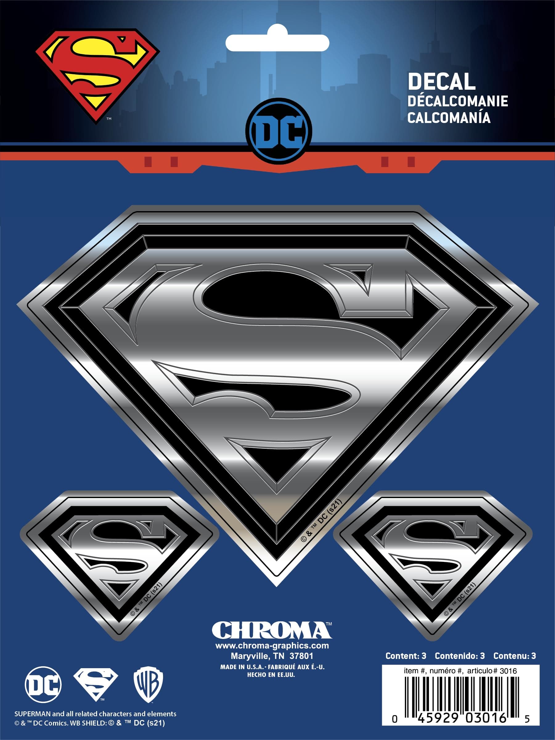 Chroma Graphics 3016 Classic Emblemz 3 Piece Superman Decal, Regular, Blue, Chrome, Red