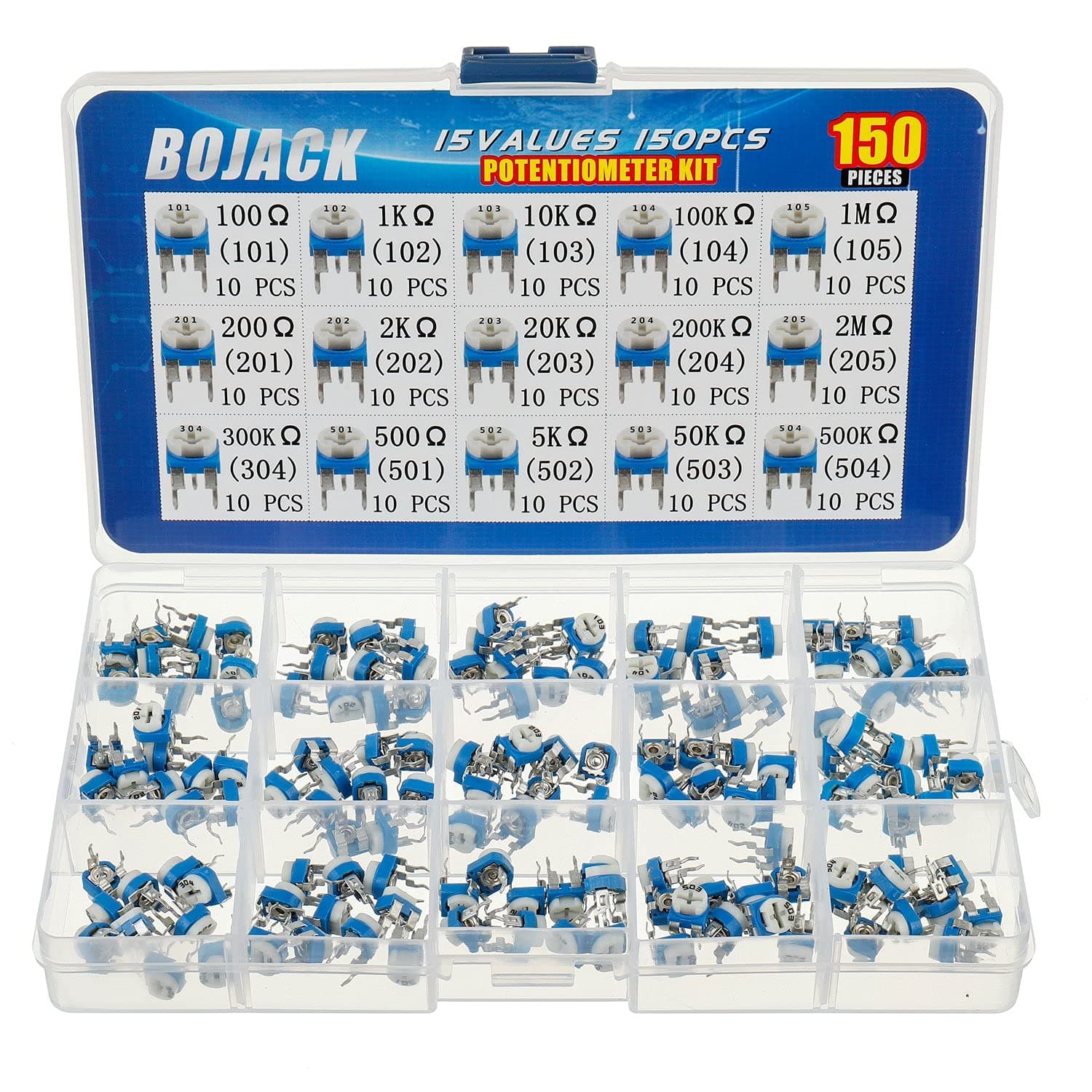 15 Values 150 pcs 100 Ohm- 2M Ohm Variable Resistor 6mm Potentiometer Assortment Kit packag in a Clear Plastic Box