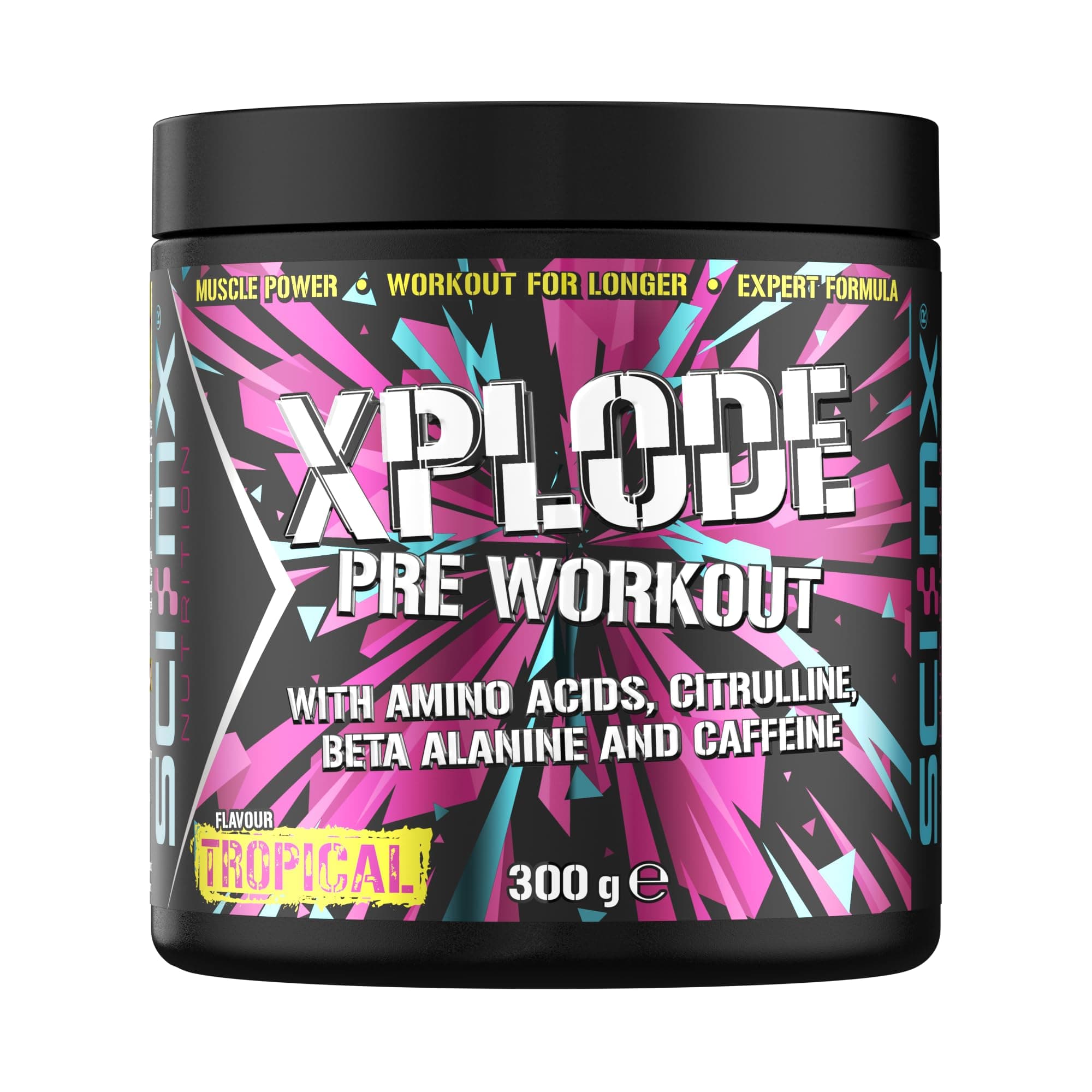 X-PLODE Pre-Workout - 300g - Tropical Flavour - 250mg Caffeine, 6g Citrulline Malate, 3.2g Beta Alanine / serving - Suitable for Vegetarians + Vegans