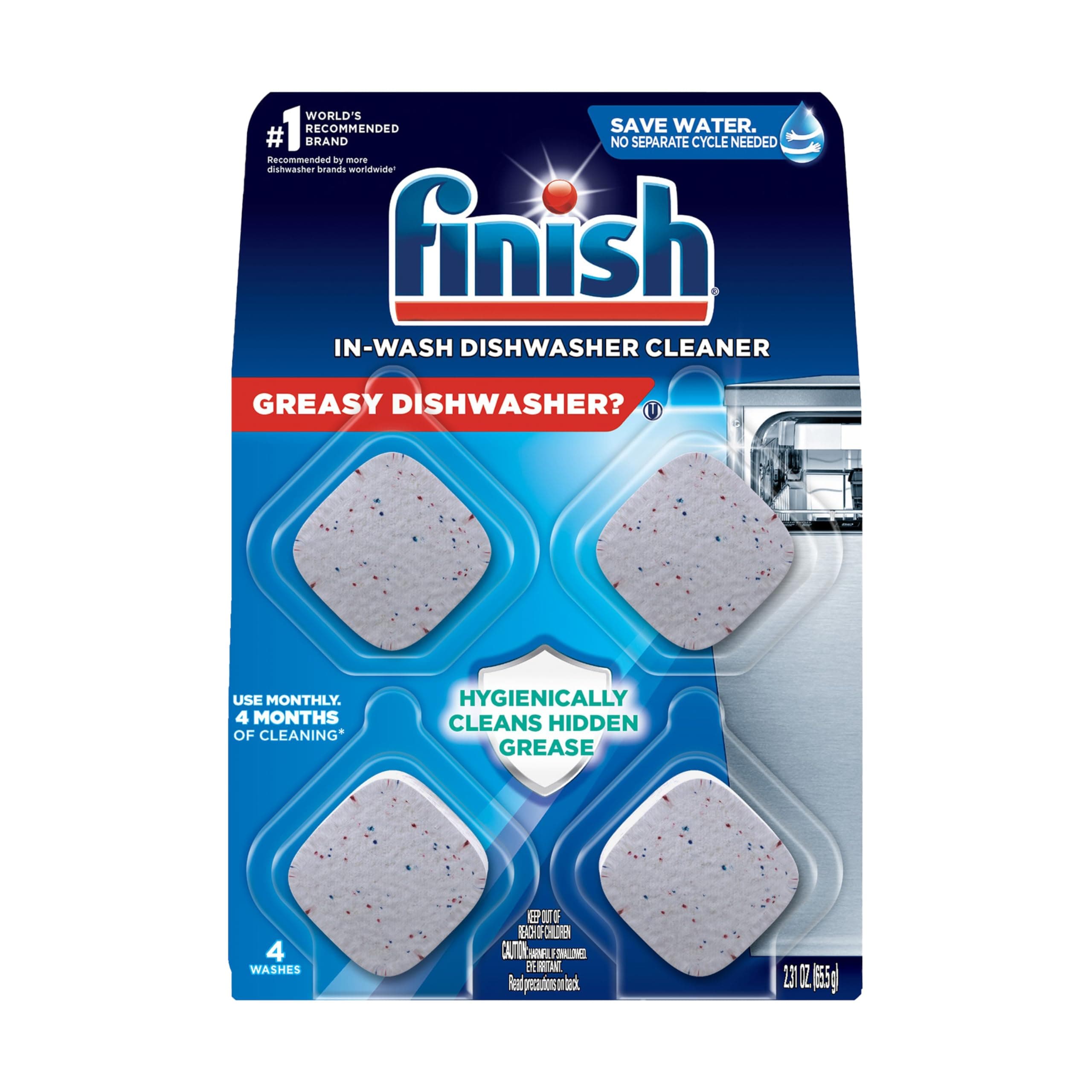 Finish Dishwasher Cleaner Tablets, Deep Cleans Hidden Grease & Grime, Fights Odors, No Extra Wash Cycle, Helps Maintain Dishwasher, 4 Month Supply, 4 Count