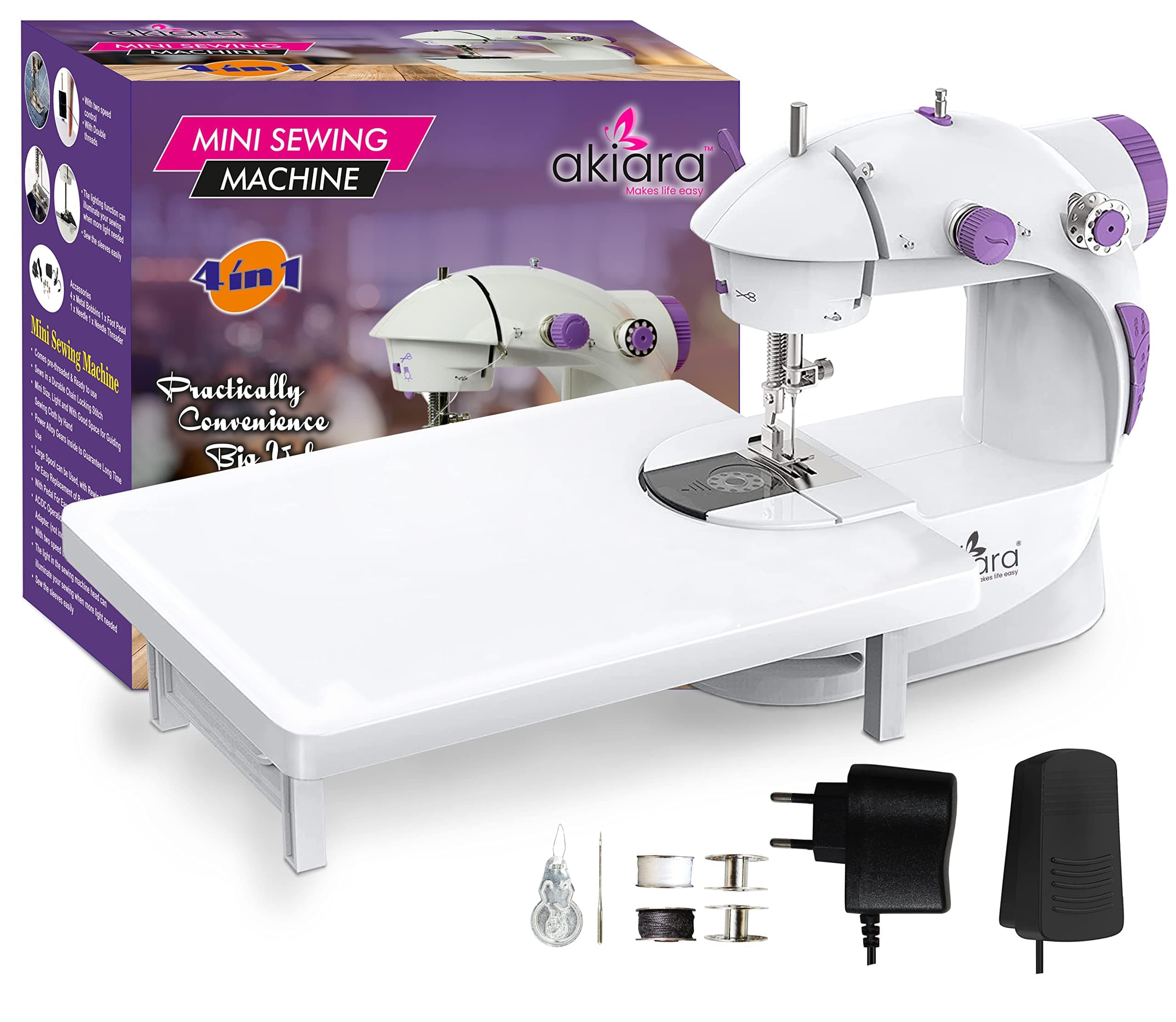 akiara - Makes life easy Mini Sewing Machine With Table Set | Tailoring Machine | Hand Sewing Machine With Extension Table, Foot Pedal, Adapter, White