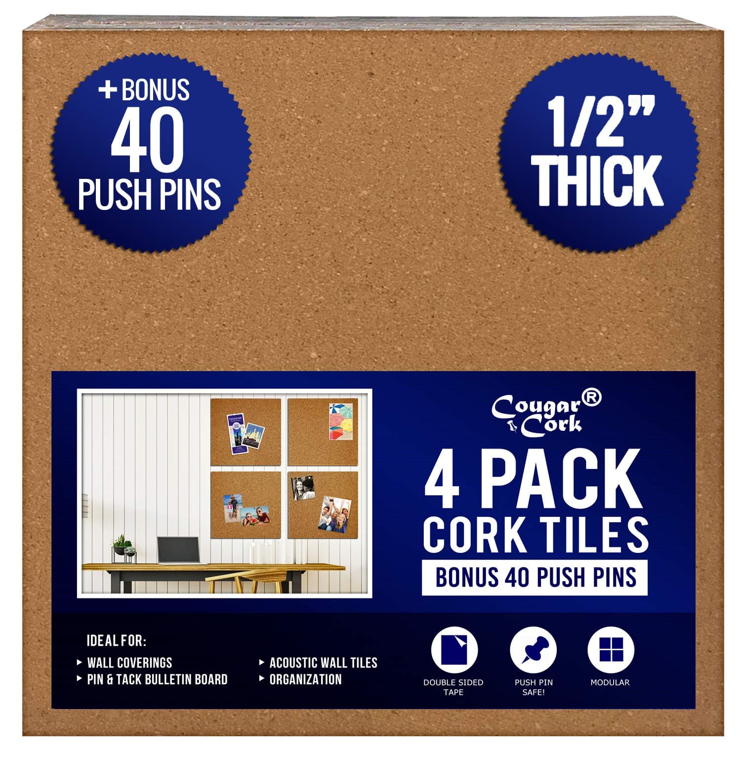 Cougar Cork Tiles | 4 Pack | 12" x 12" Square | 1/2" Extra Thick Cork Boards | Strong Self Adhesive Backing | 40 Push Pins Included | Premium Natural Cork for Wall, Bulletin Display