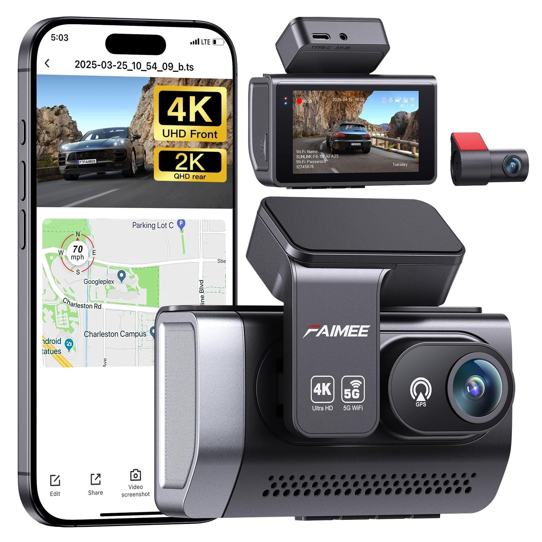 4K Dash Cam Front and Rear with GPS, Upgraded 5.8G WiFi, Dual Dash Camera for Cars, Night Vision, WDR, 160°Wide Angle, 24H Parking Monitor, Emergency Lock, 3" IPS Screen