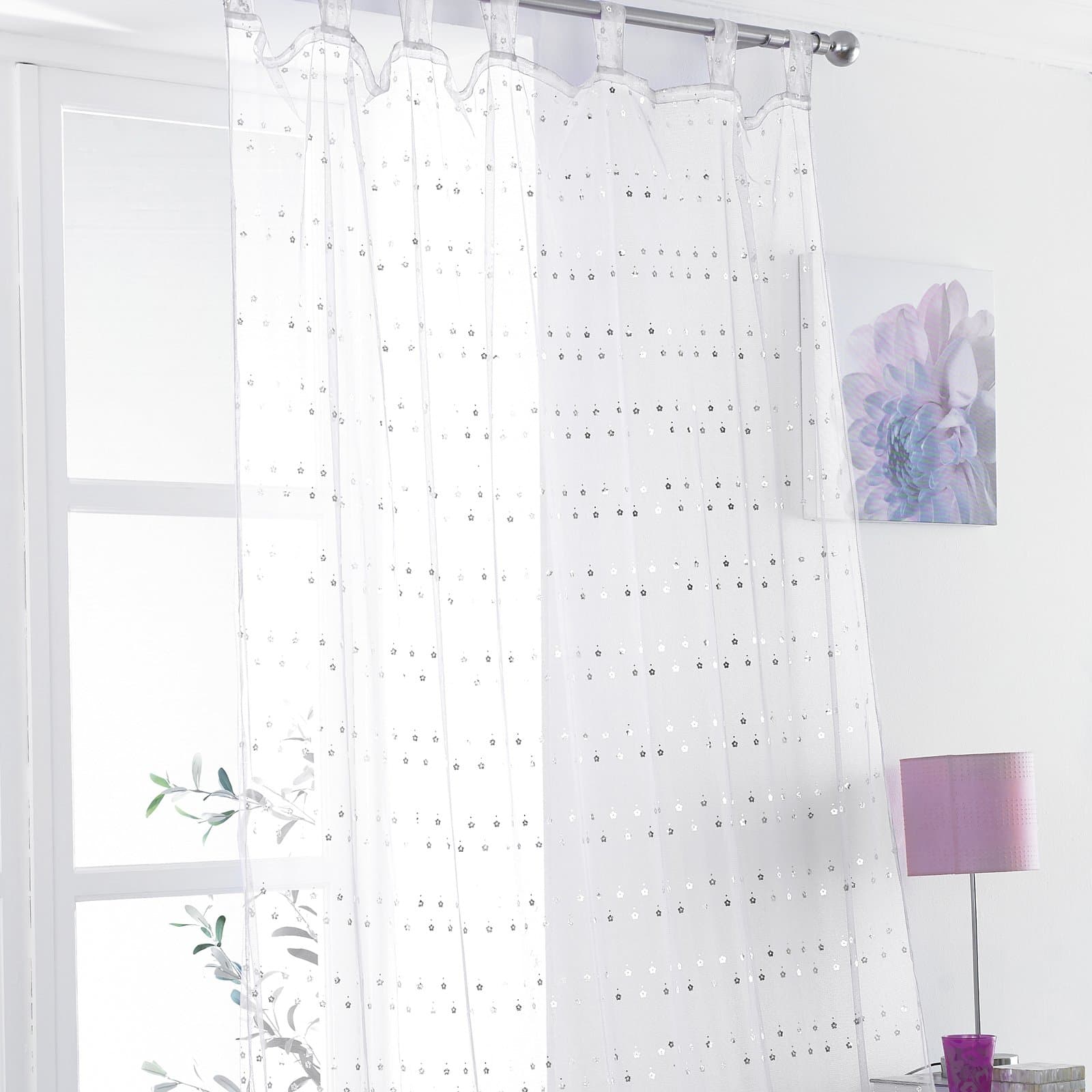 Childrens Tab Top Voile Net Curtain Panel With Diasy Sequins Bedroom New - White