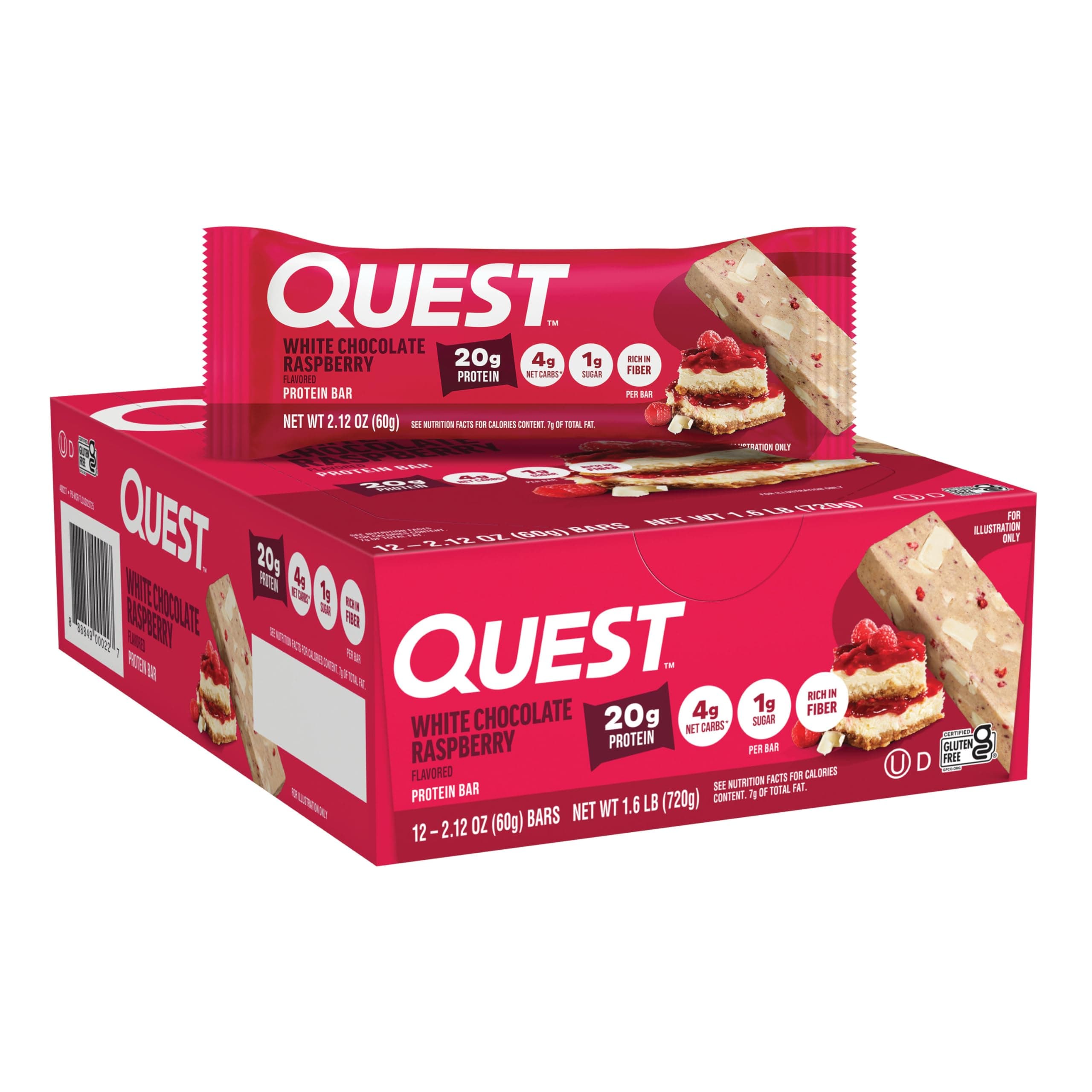 Quest Nutrition White Chocolate Raspberry Protein Bars, 20g Protein, 1g Sugar, 5g Net Carb, High Fiber, Gluten Free, Keto Friendly, 12 Count