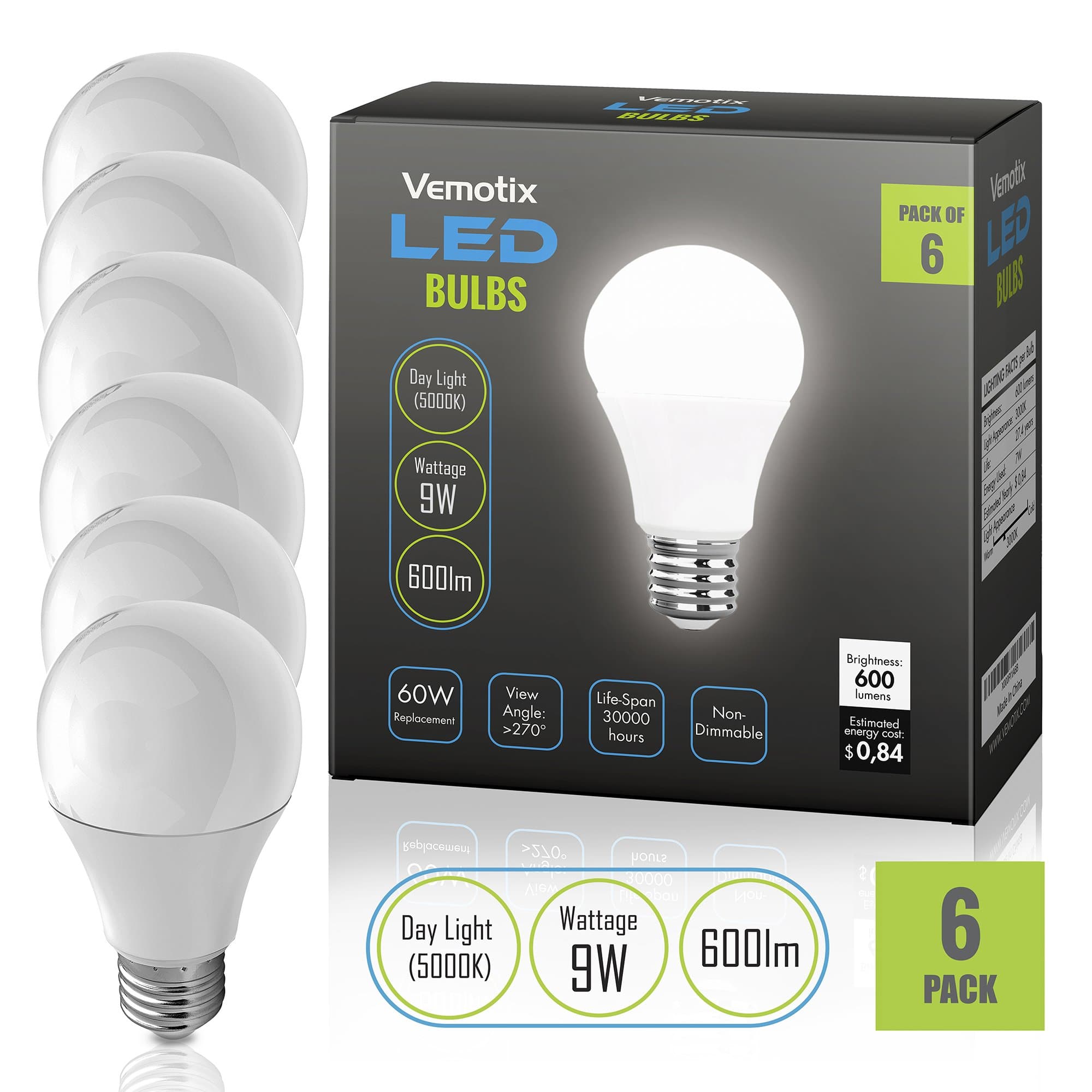 LED Light Bulbs A19 - Daylight 5000K - 60 Watt Equivalent (Pack of 6)