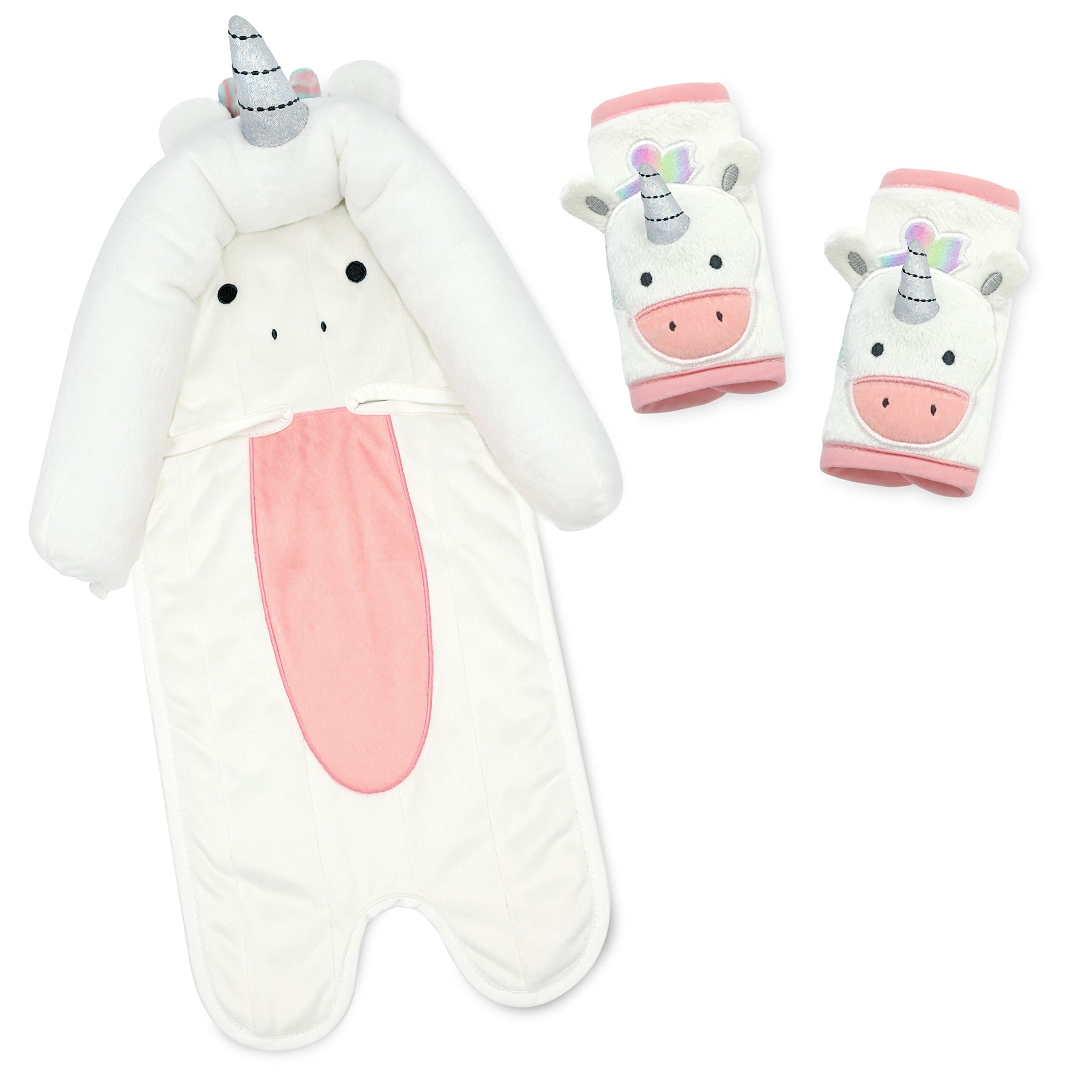 Travel Bug Baby 2 Piece Head Support & Strap Covers for Car Seats, Strollers and Bouncers, Unicorn- White/Pink/Rainbow