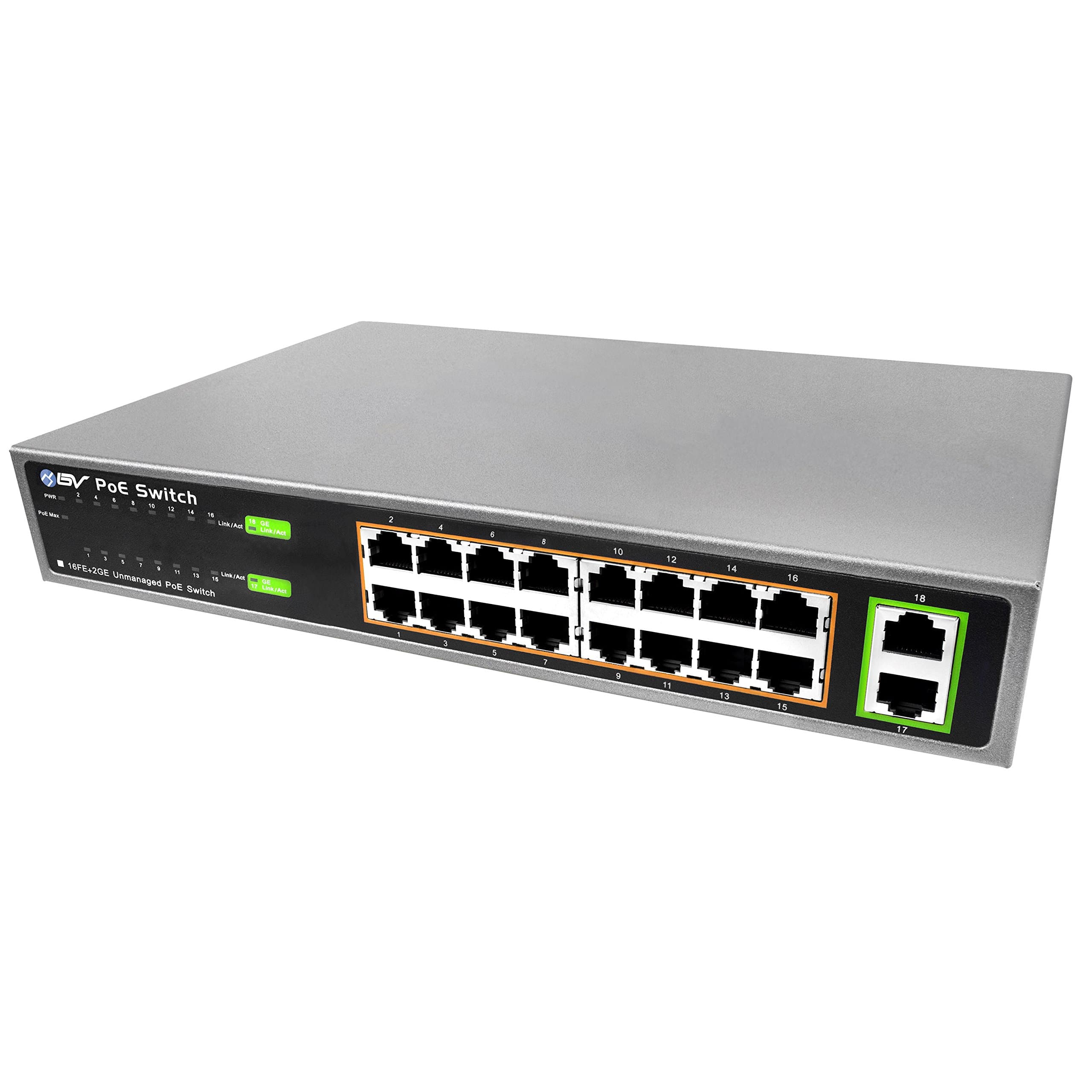 BV-Tech 18 Port Switch with 16 PoE+ Ports and 2 Gigabit Ethernet Uplink – 130W – 802.3at