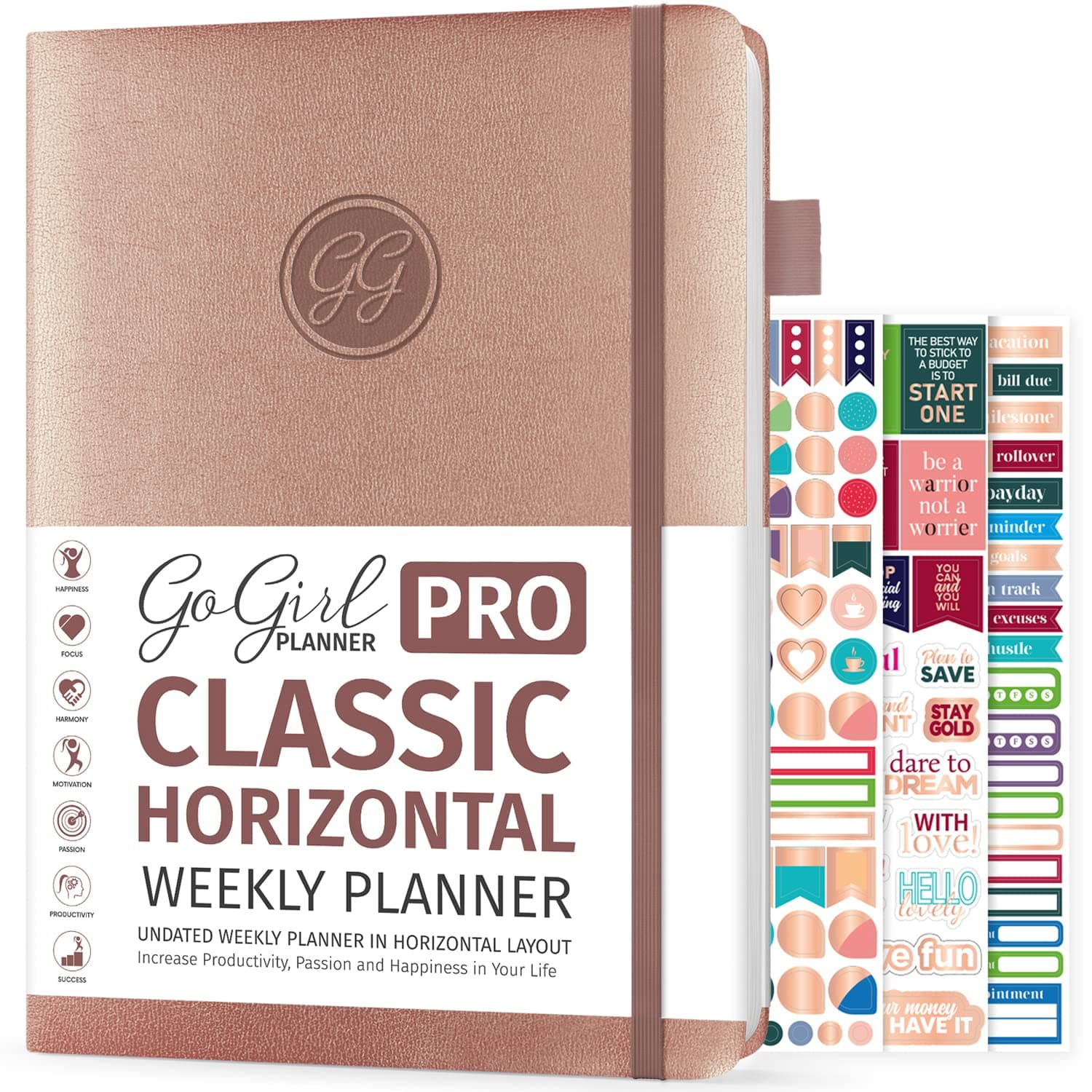 GoGirl Planner PRO - Undated Horizontal Layout Weekly Planner and Organizer + Budgeting and Expense Tracking Pages, Goals Journal & Agenda, 7" x 10" Hardcover, Lasts 1 Year - Rose Gold