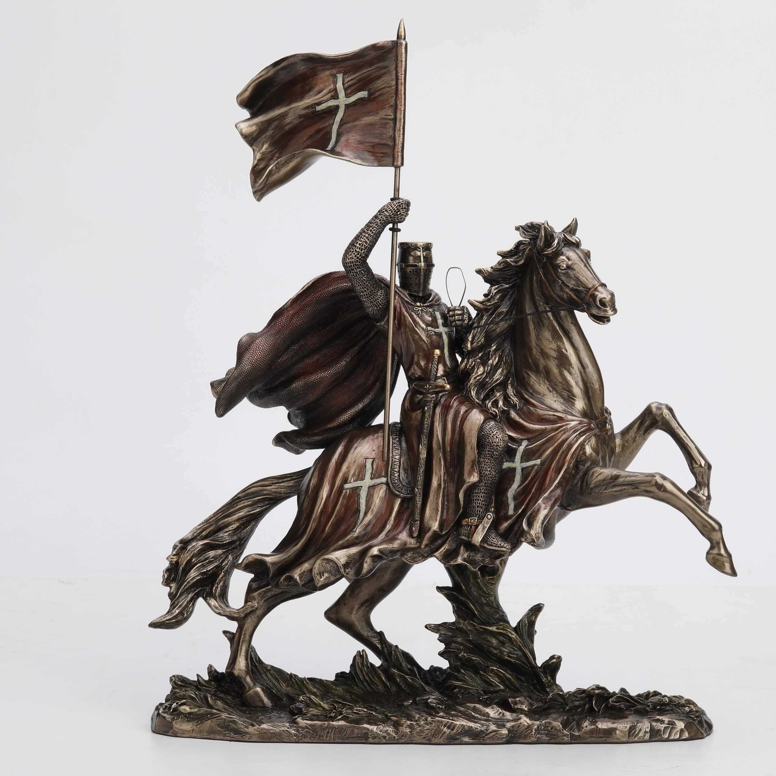 Medieval Crusader Knight in Armor On Horseback Tabletop Statue