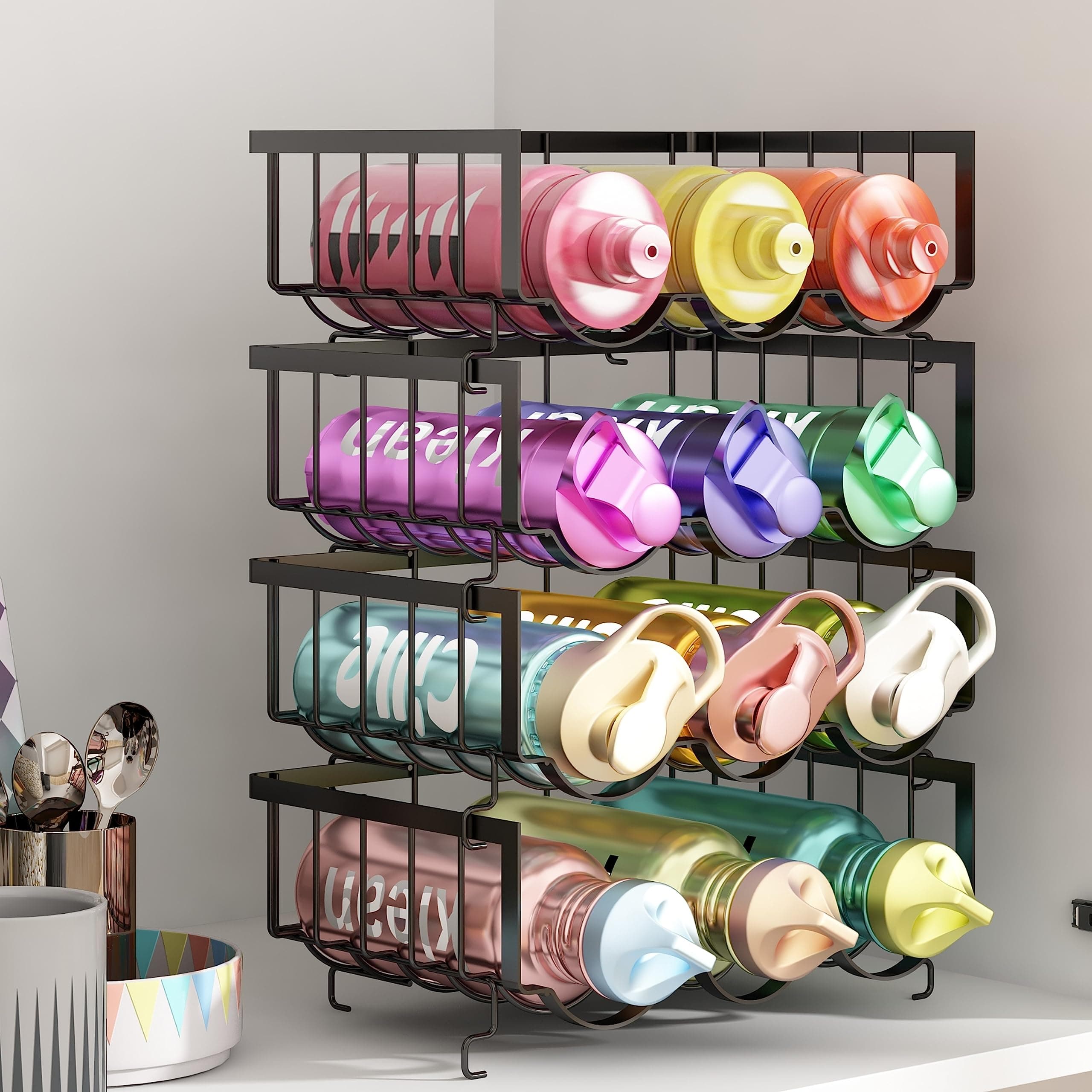GILLAS 4 Pack Water Bottle Organizer, Stackable Metal Water Bottle Holder for Cabinet, Fridge, Cup Holder Water Bottle Storage, Wine Storage Rack for Kitchen, Pantry, Black