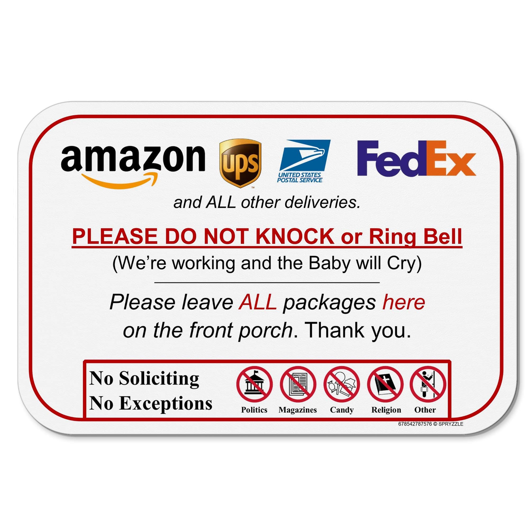 Leave Package Sign - Do Not Knock or Ring Bell (Baby Will Cry)
