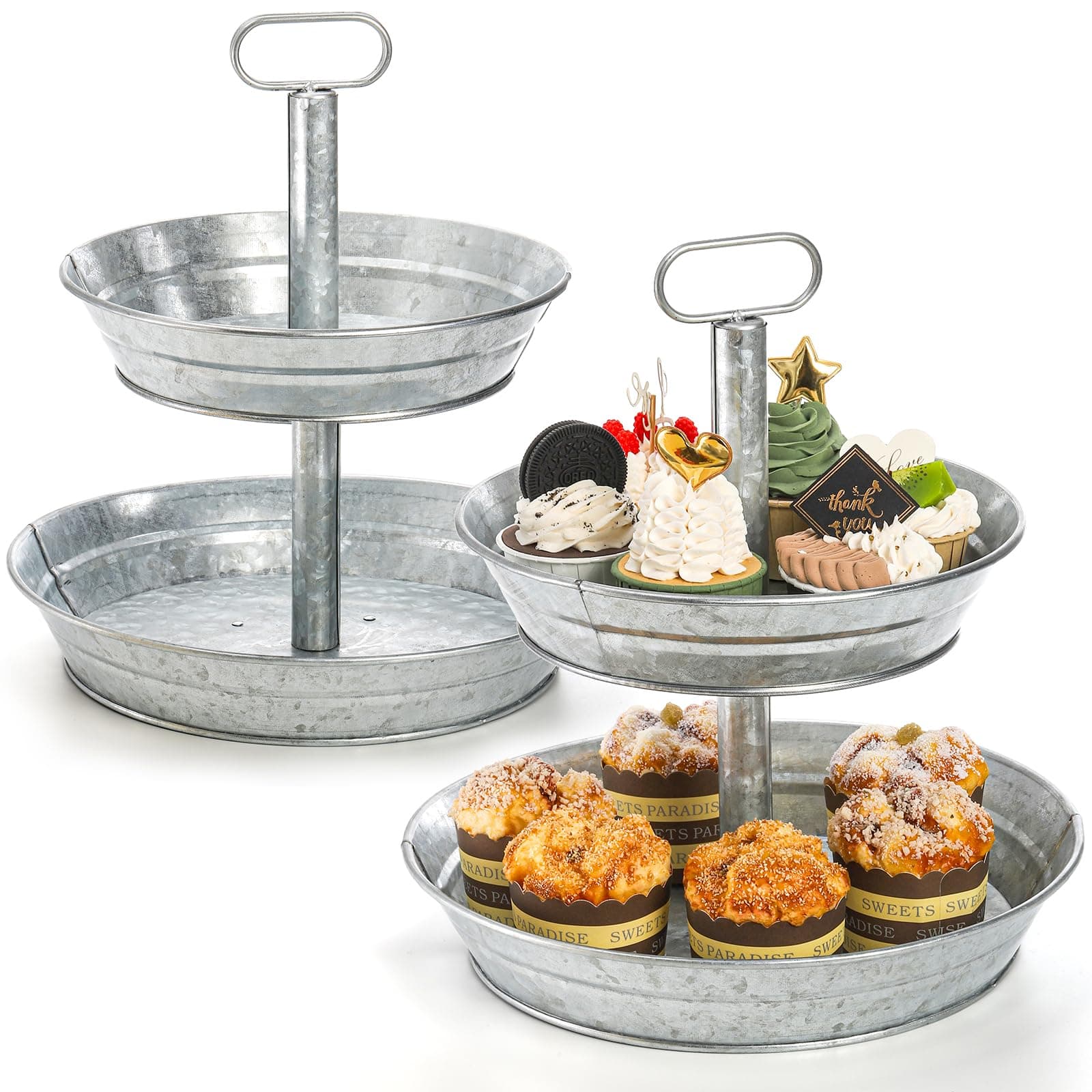 2 Pack Galvanized Serving Stand, Metal 2 Tier Cupcake Tray Stand, Vintage Dessert Appetizer Display Stand, Rustic Home and Garden Display Stand for Country Farmhouse, Kitchen