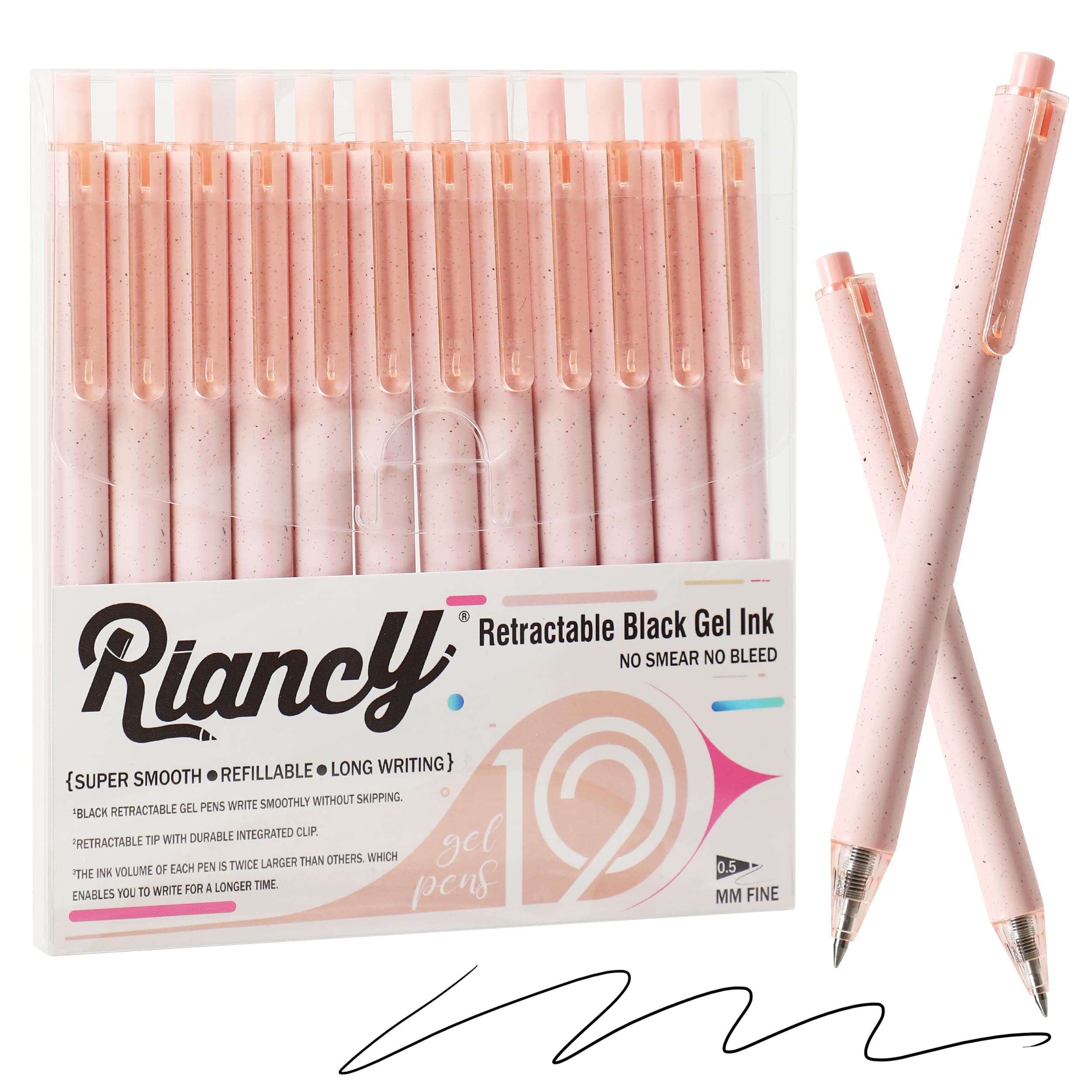 RIANCY Cute Pink Pens Black Ink for Note Taking Writing Journaling Retractable Gel Pen Pretty Quick Drying Ink 0.5mm Ballpoint Fine point Premium Office Students School Art Supplies (Pink)