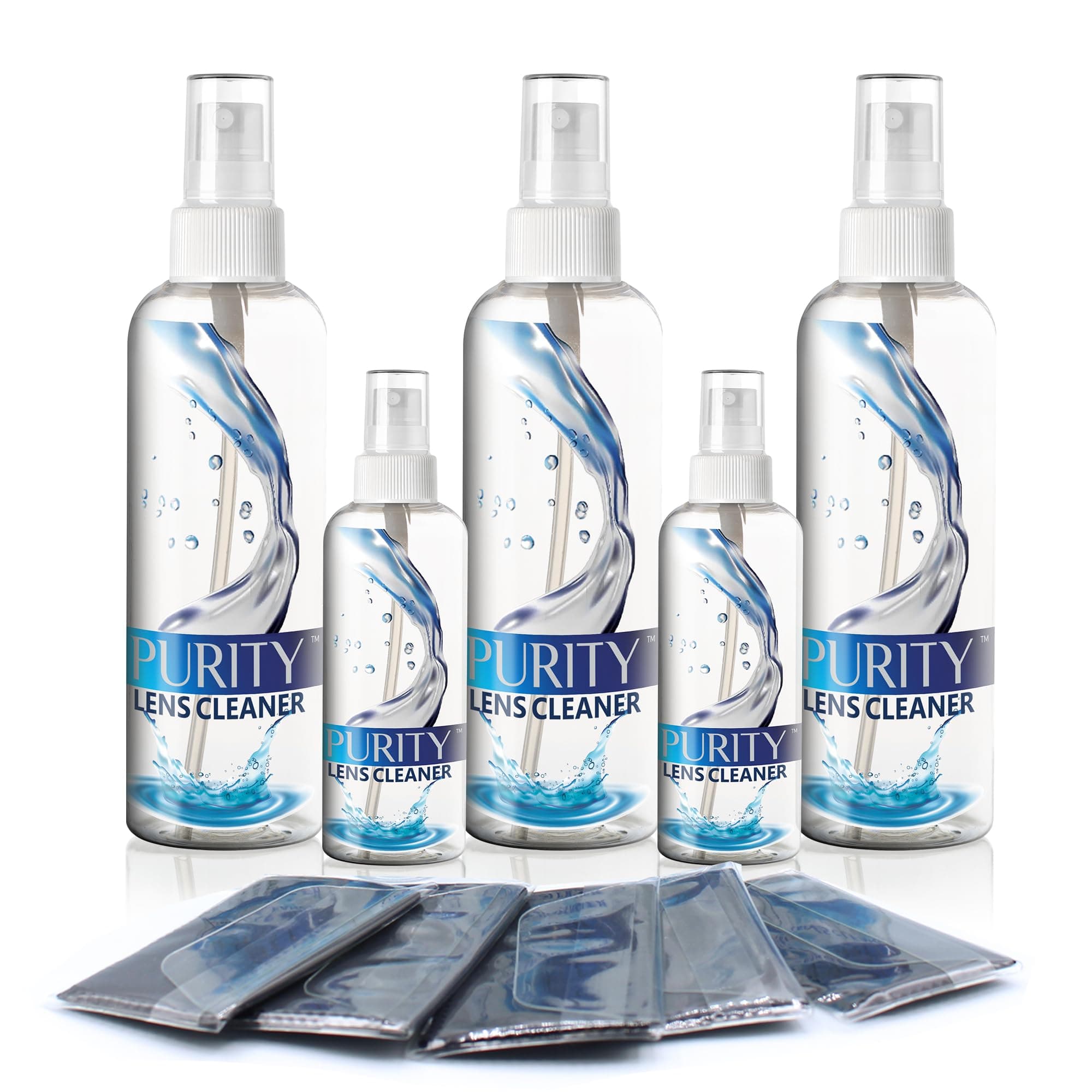 Purity Eyeglass Cleaner Mega Pack - Multi-Size Lens Cleaner Kit - 2x2oz, 3x8oz Bottles + 5 Black Premium Microfiber Cloths - Safe for All Lenses, Eyeglasses, and Screens - Streak-Free Formula