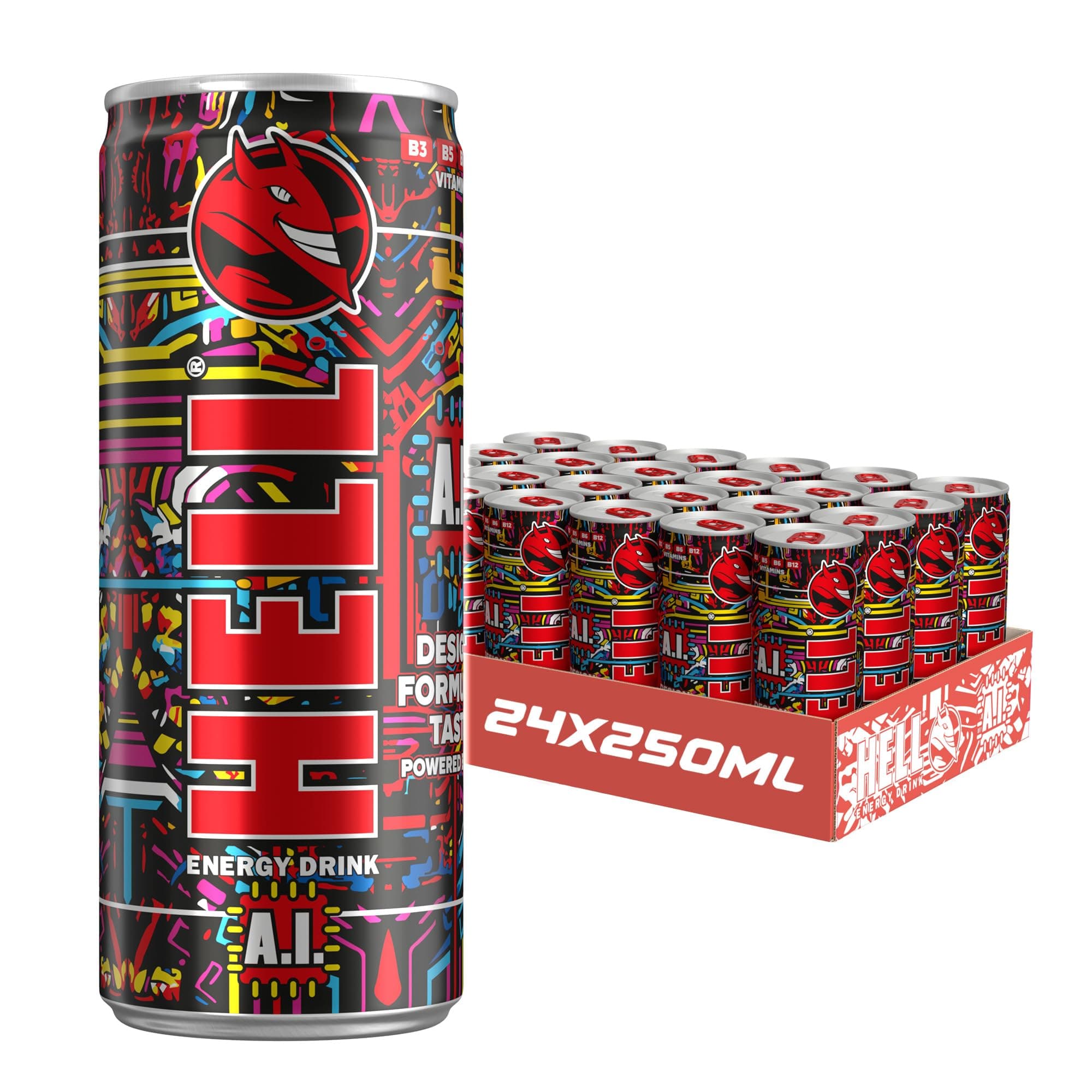 Energy Drink A.I | 24 x 250ml Cans Multipack | 32mg/100ml Caffeine | Contains Vitamins B2 B3 B5 B6 B12 | Preservative Free | Vegan | Reduce Fatigue & Boost Energy