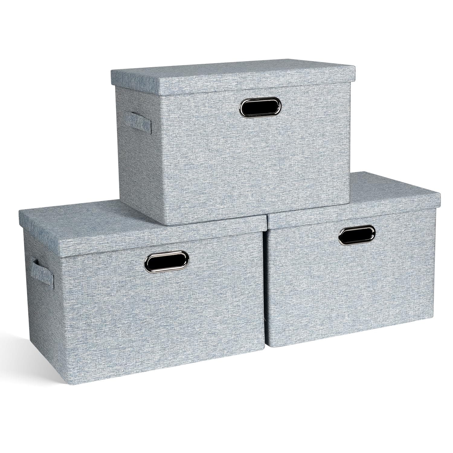 Large 17" 36 Quart Collapsible Stackable Storage Bins with Lids, 3 Packs Blue-Grey Linen Fabric Closet Boxes with Lids, Storage Cube Baskets Container Organizers for Bedroom (17x12x11)