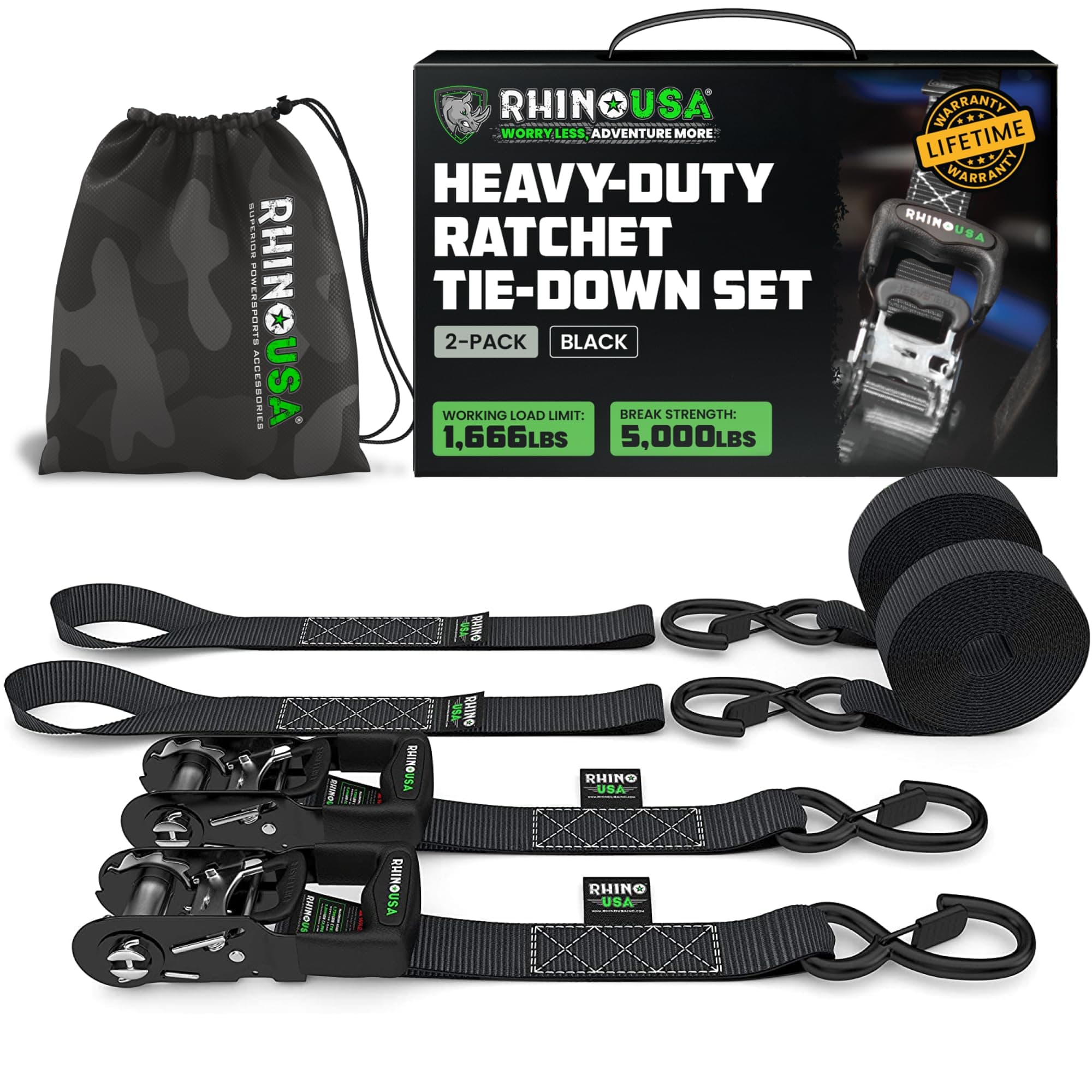Ratchet Straps Heavy Duty Kit (2-Pack) - 4cm x 2.4m (2,000kg Break Strength) - Ultimate Tie Down Straps with Safety S Hooks for Trucks, ATV, UTV, Motorcycle, Cargo & More - Black