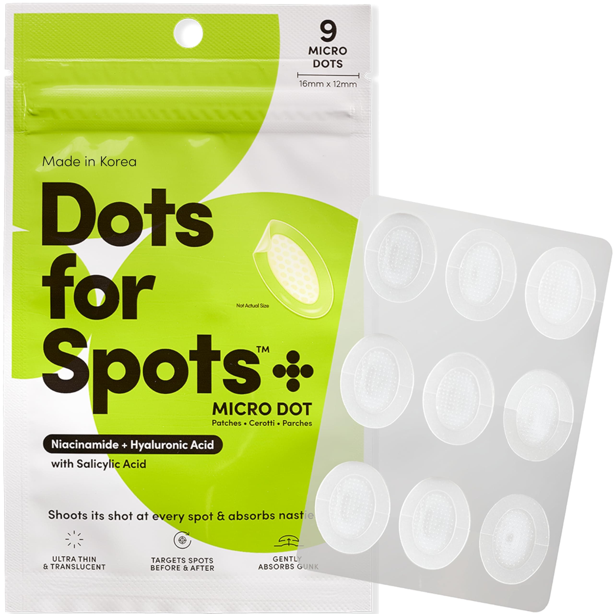 Dots for Spots Oval Spot Patch with Micro Darts - Pack of 9 Translucent Acne Spot Treatment Stickers Infused With Niacinamide & Salicylic Acid - Fast-Acting, Vegan & Cruelty Free Skin Care