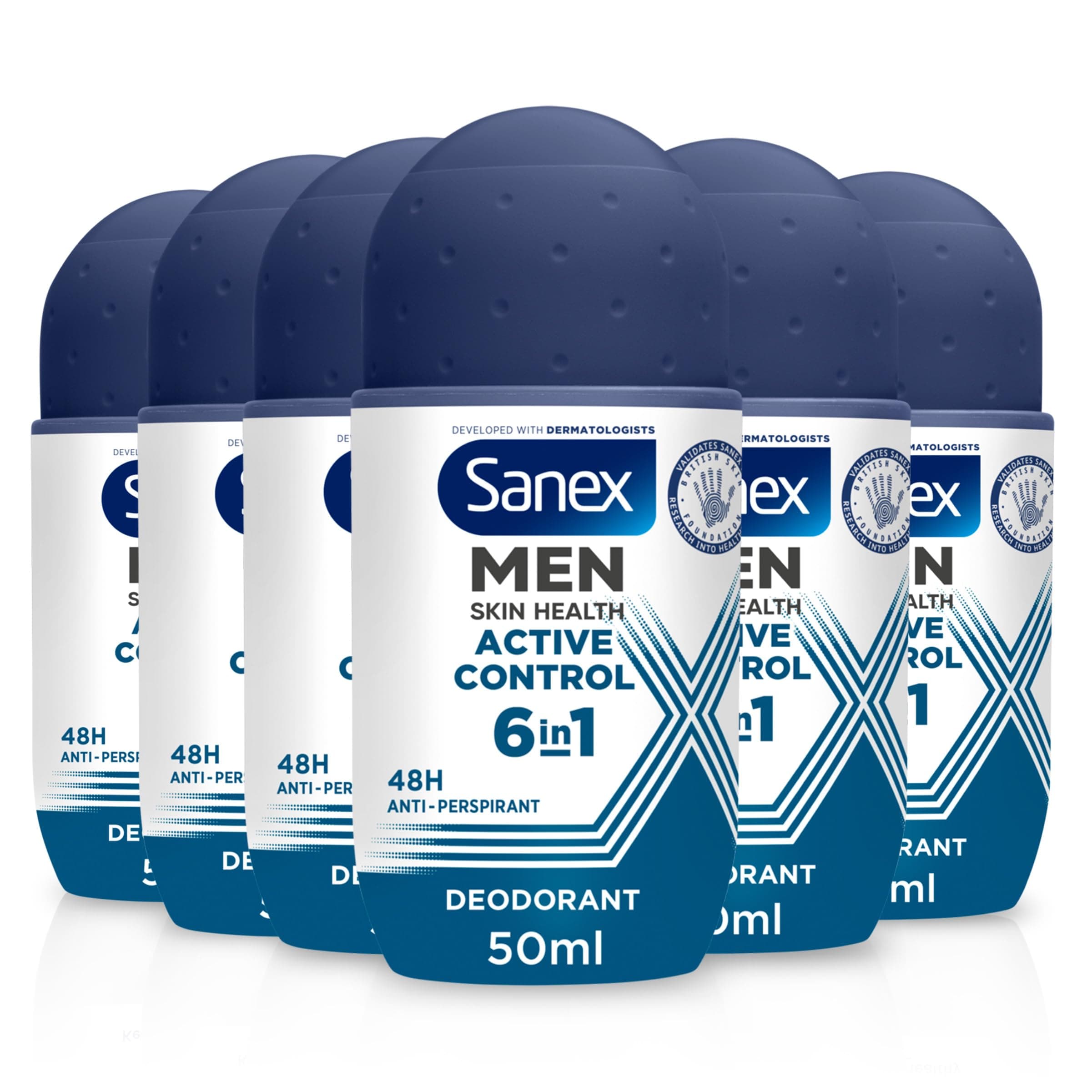 Sanex Men Active Control Antiperspirant Roll-On Deodorant 6 x 50ml, 48 hour sweat protection, anti-odour, long-lasting dryness, freshness, gentle on skin, antibacterial, 0% alcohol*