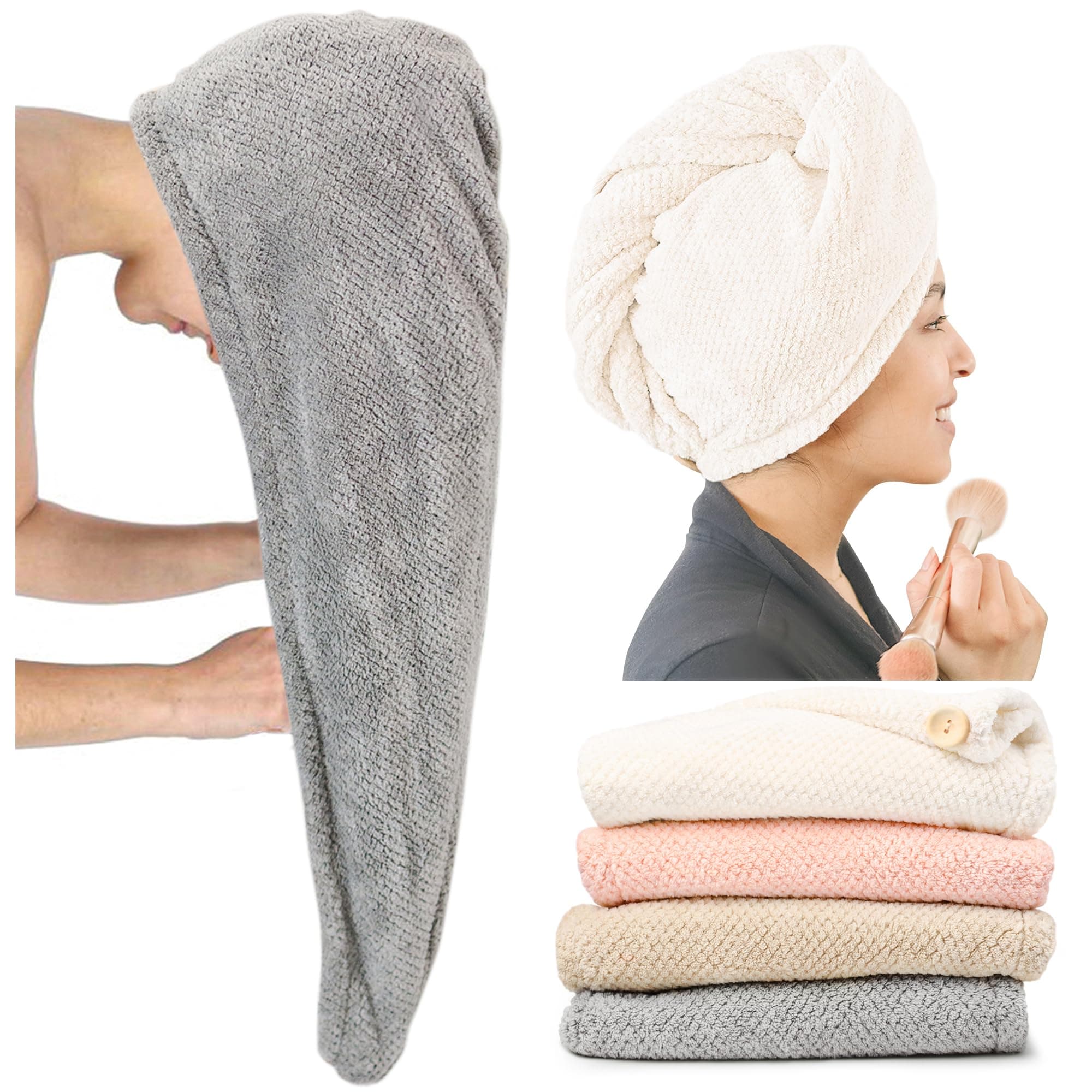 4 Pack Microfiber Hair Towel Wrap Super Absorbent & Quick Dry Women Hair Drying Towel for Curly Hair Long & Short Hair - Anti-Frizz Hair Turbans for Wet Hair (Gray & Pink & Beige & Khaki)